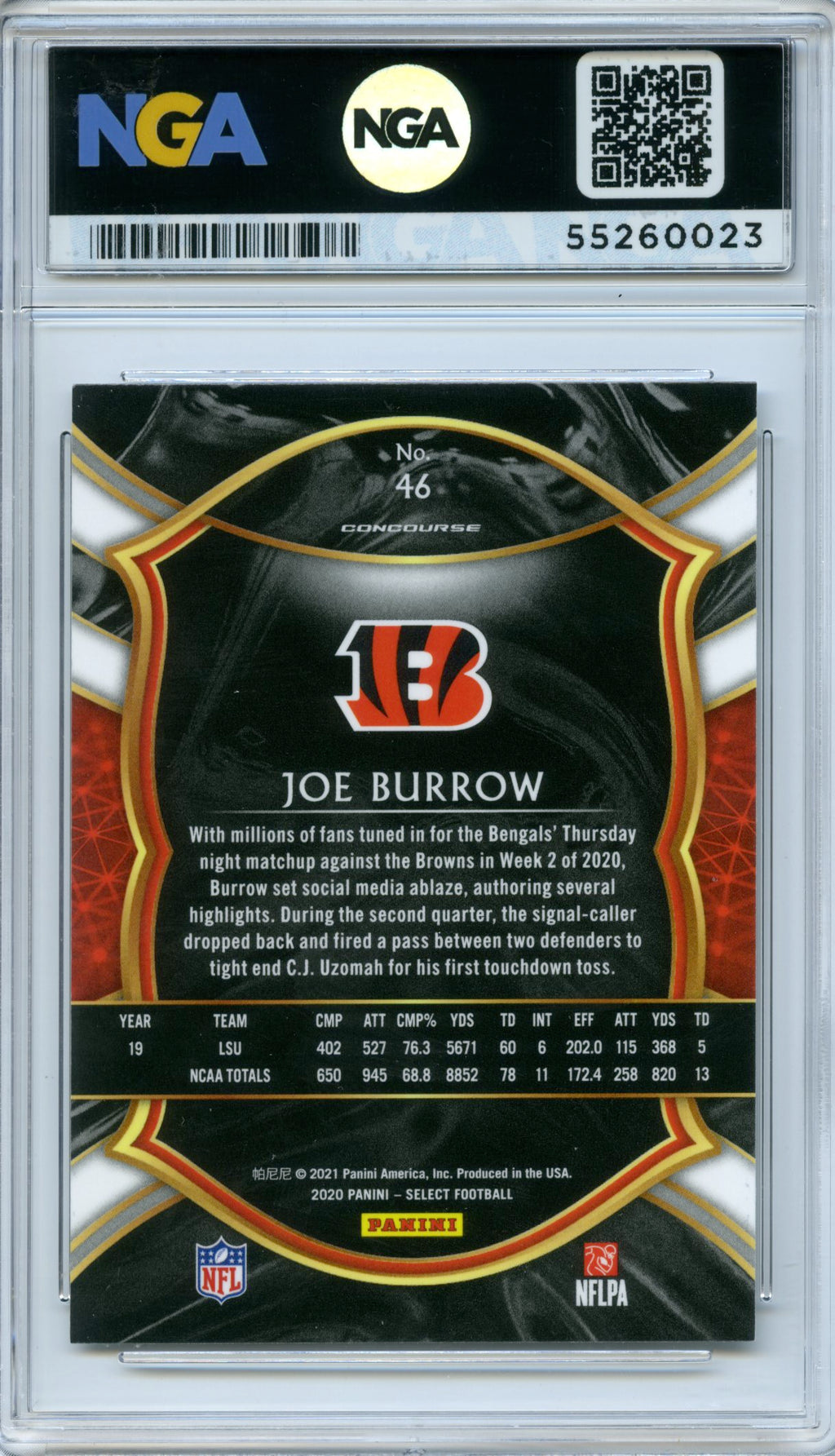 2020 Panini Select #46 Joe Burrow NGA 10