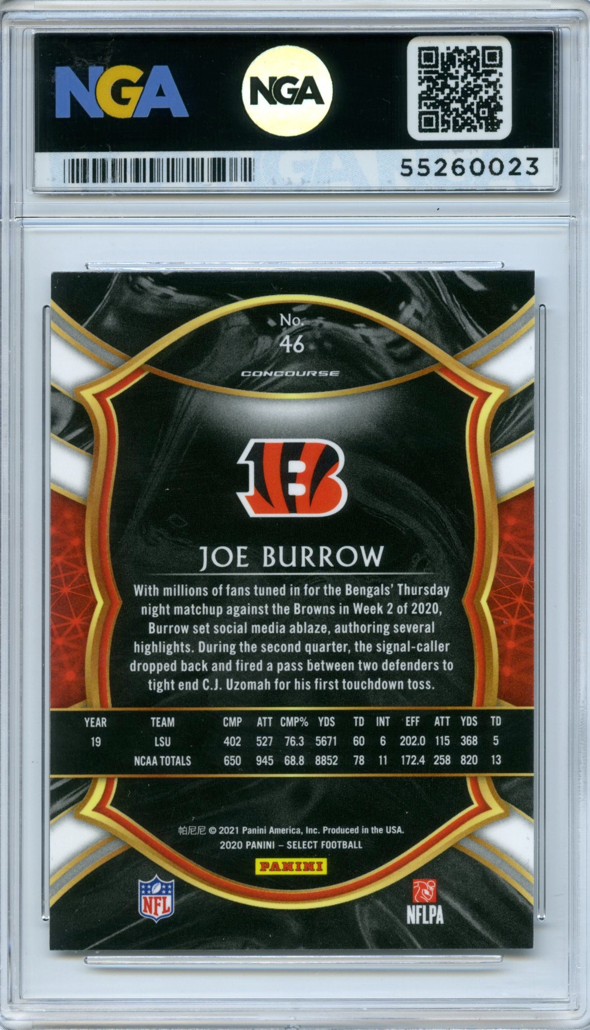 2020 Panini Select #46 Joe Burrow NGA 10