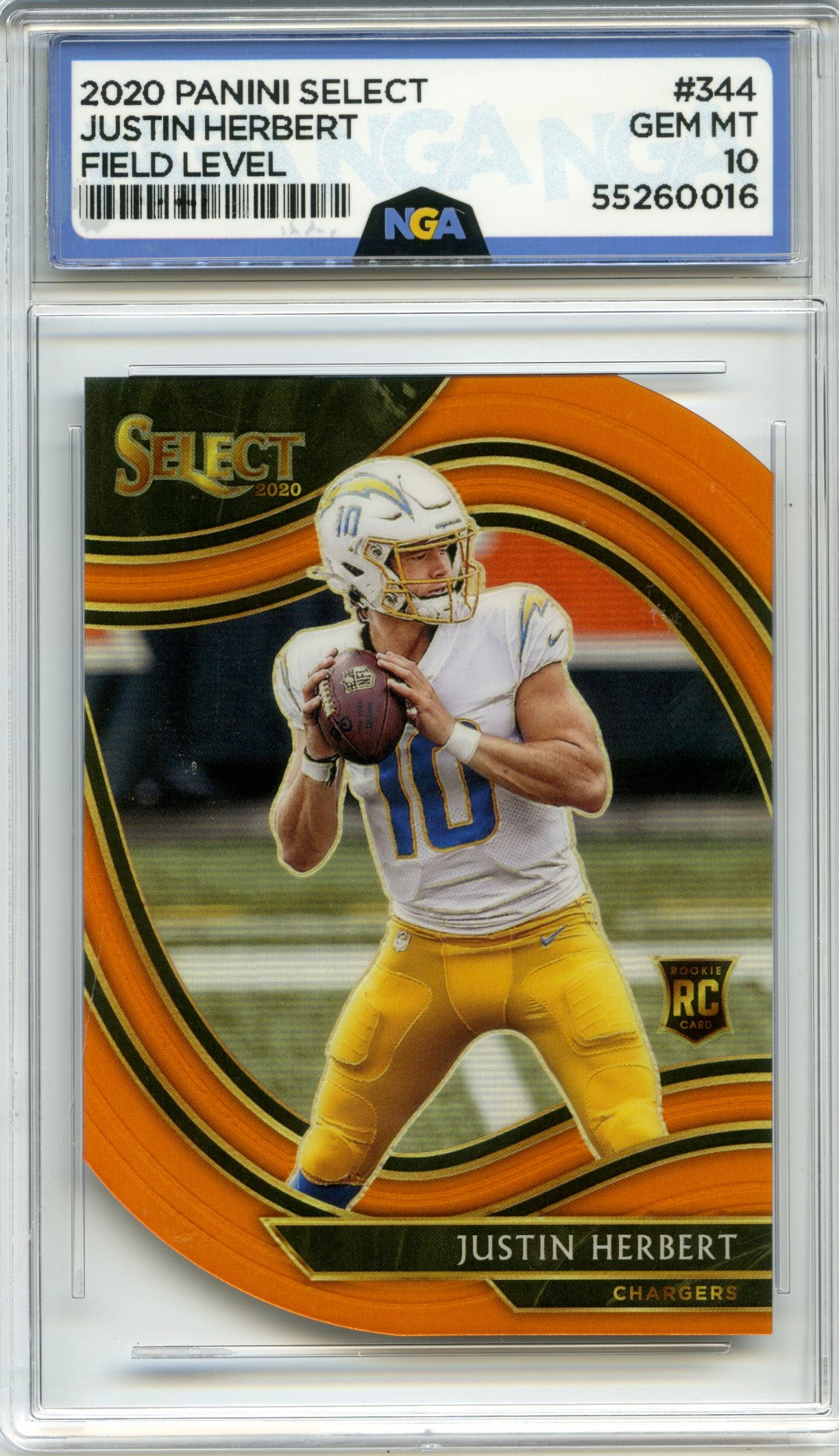 2020 Panini Select #344 Justin Herbert Orange Prizm Die Cut NGA 10