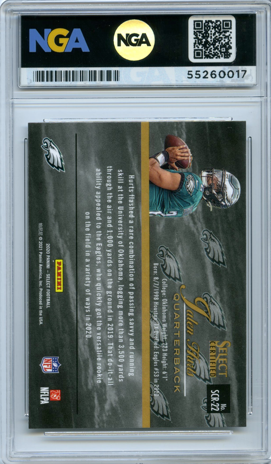 2020 Panini Select #SCR-22 Jalen Hurts Select Certified Rookies NGA 10