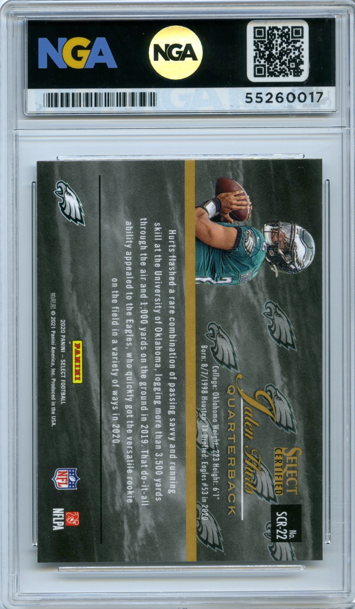 2020 Panini Select #SCR-22 Jalen Hurts Select Certified Rookies NGA 10