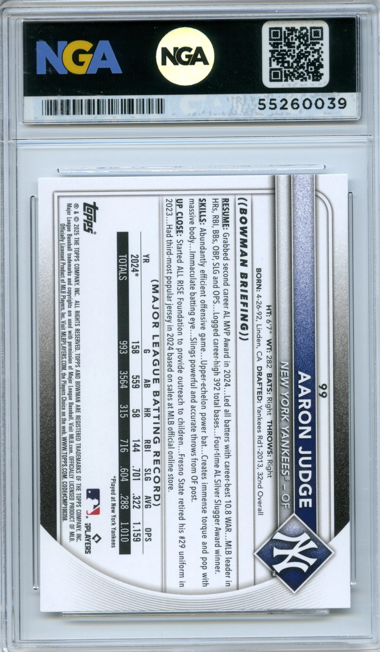 2025 Bowman #99 Aaron Judge NGA 10