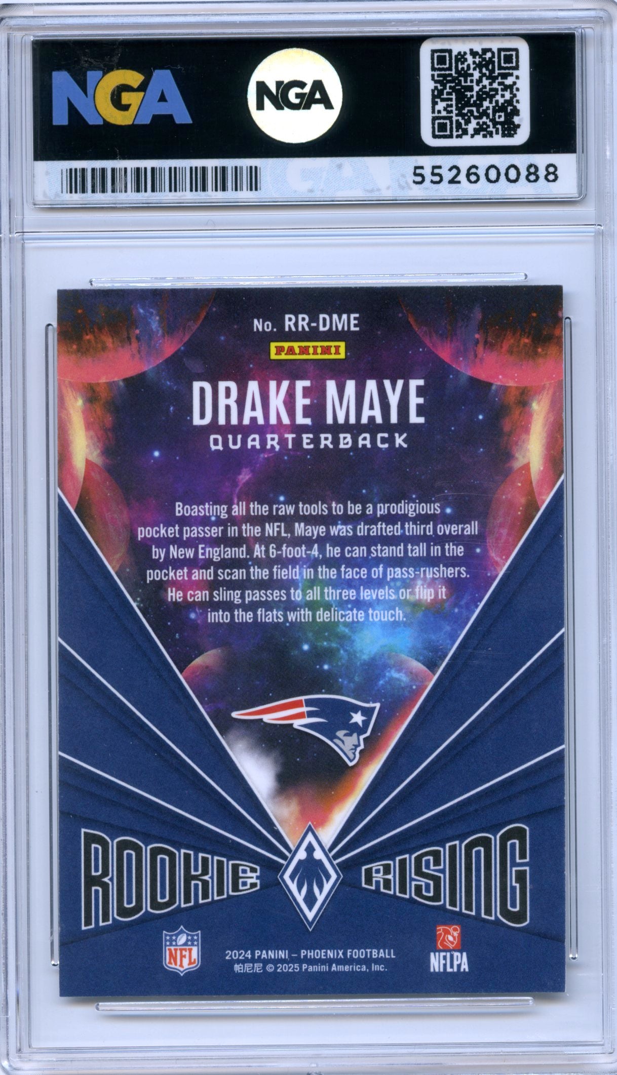 2024 Panini Phoenix #RR-DME Drake Maye Rookie Rising Black NGA 10 #/1