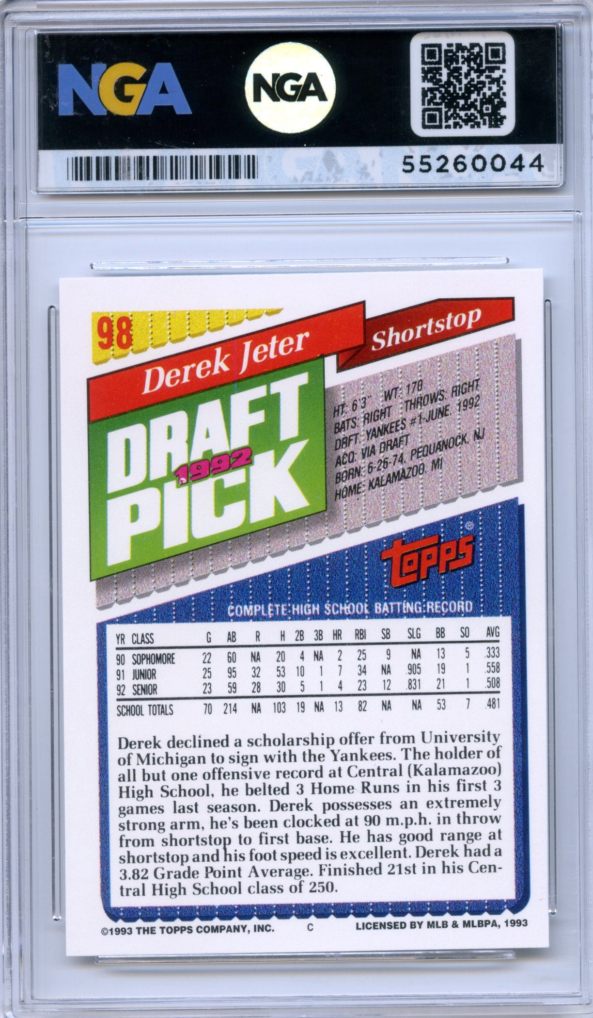 1993 Topps #98 Derek Jeter Gold NGA 10