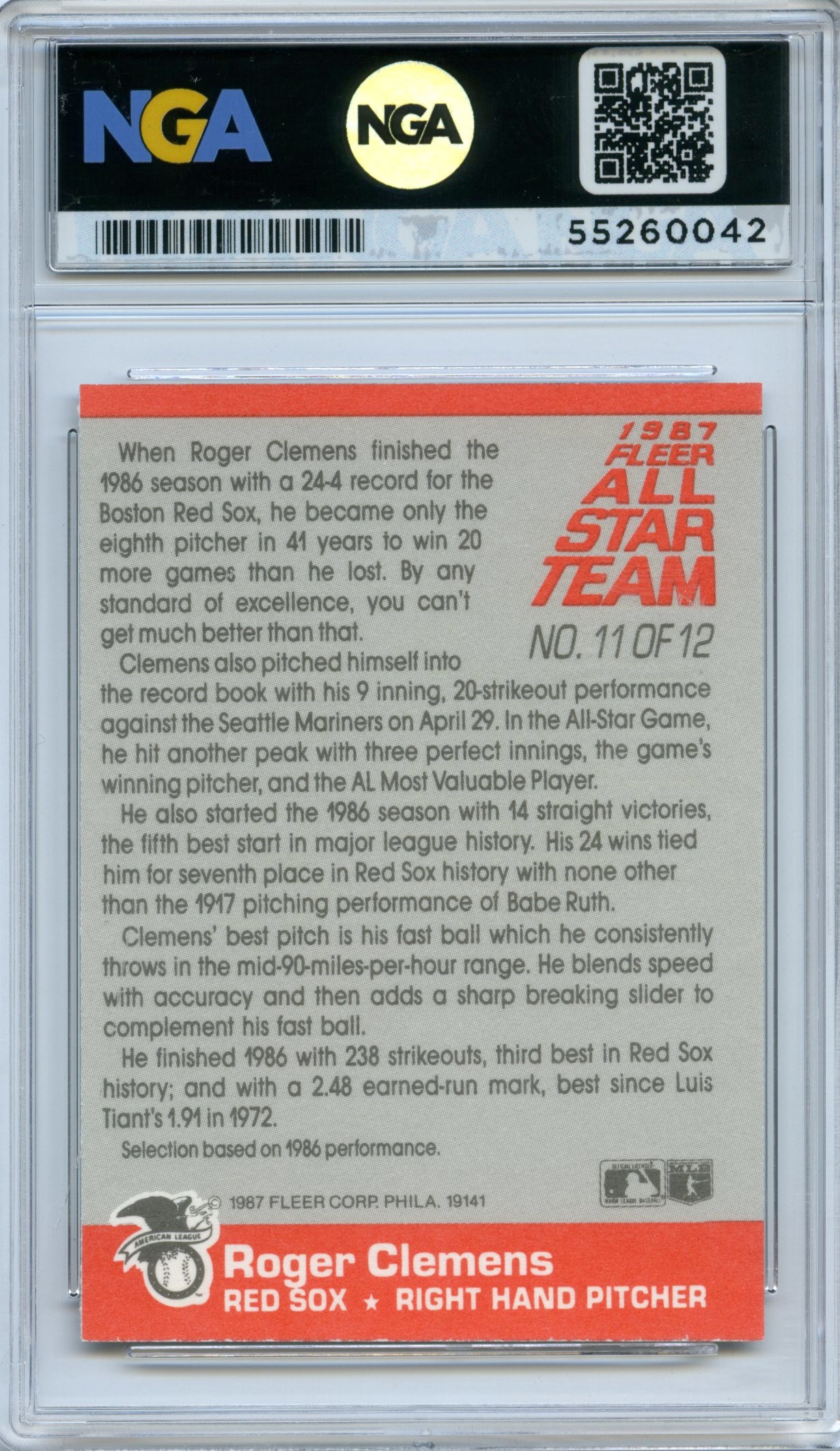1987 Fleer #11 Roger Clemens Fleer All Star Team NGA 10