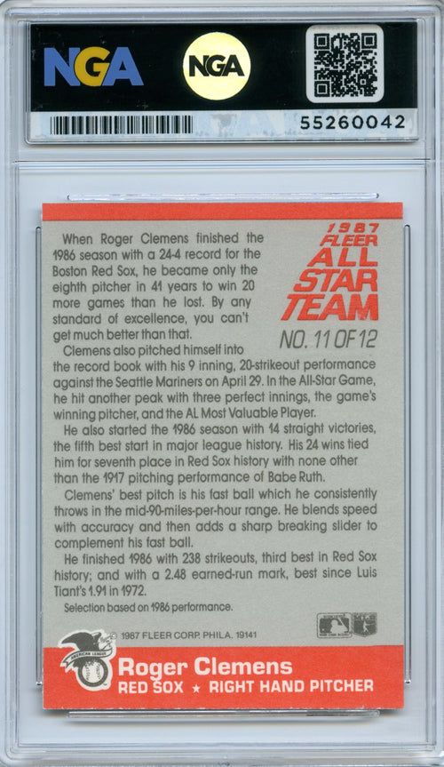 1987 Fleer #11 Roger Clemens Fleer All Star Team NGA 10