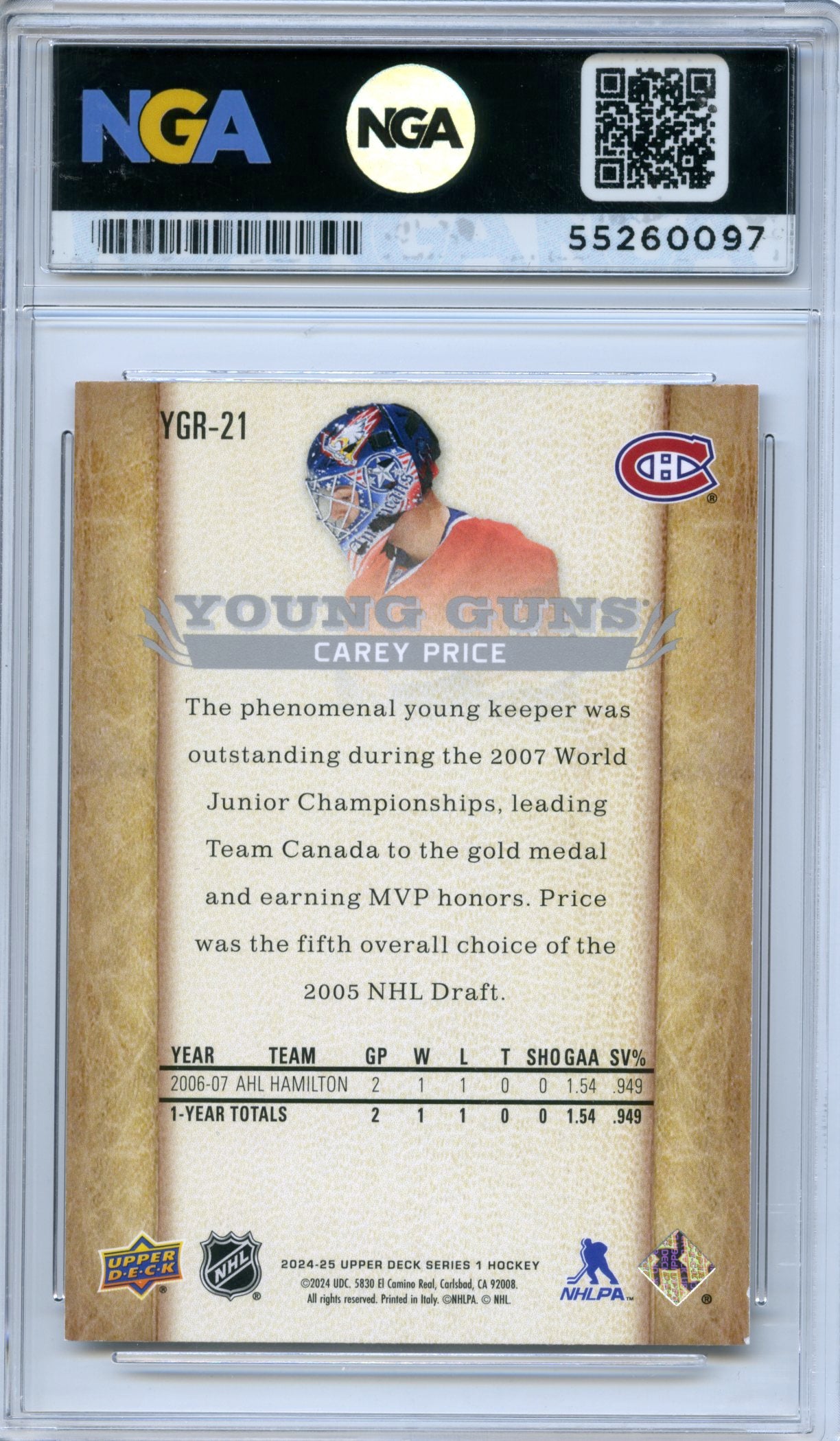 2024-25 Upper Deck #YGR-21 Carey Price Young Guns Renewed (Series One) NGA 10