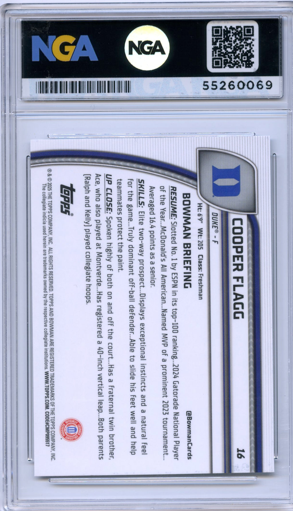 2024-25 Bowman University Chrome #16 Cooper Flagg NGA 10