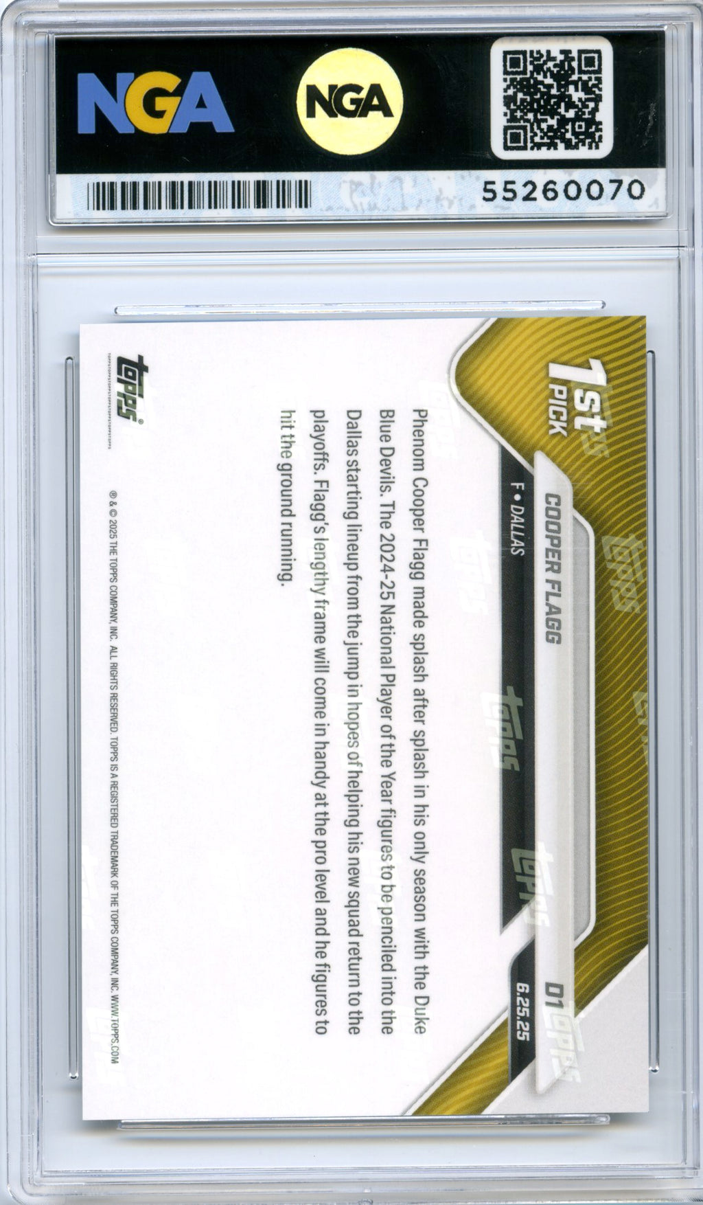 2025-26 Topps Now #D1 Cooper Flagg NGA 10