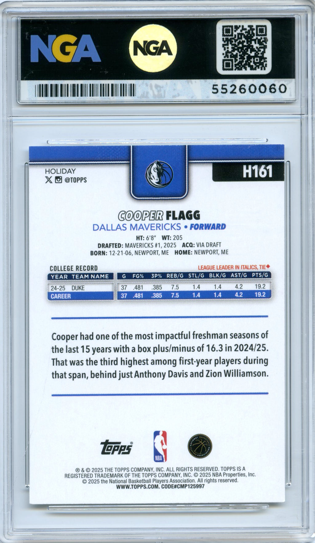 2025-26 Topps Holiday #H161 Cooper Flagg NGA 10