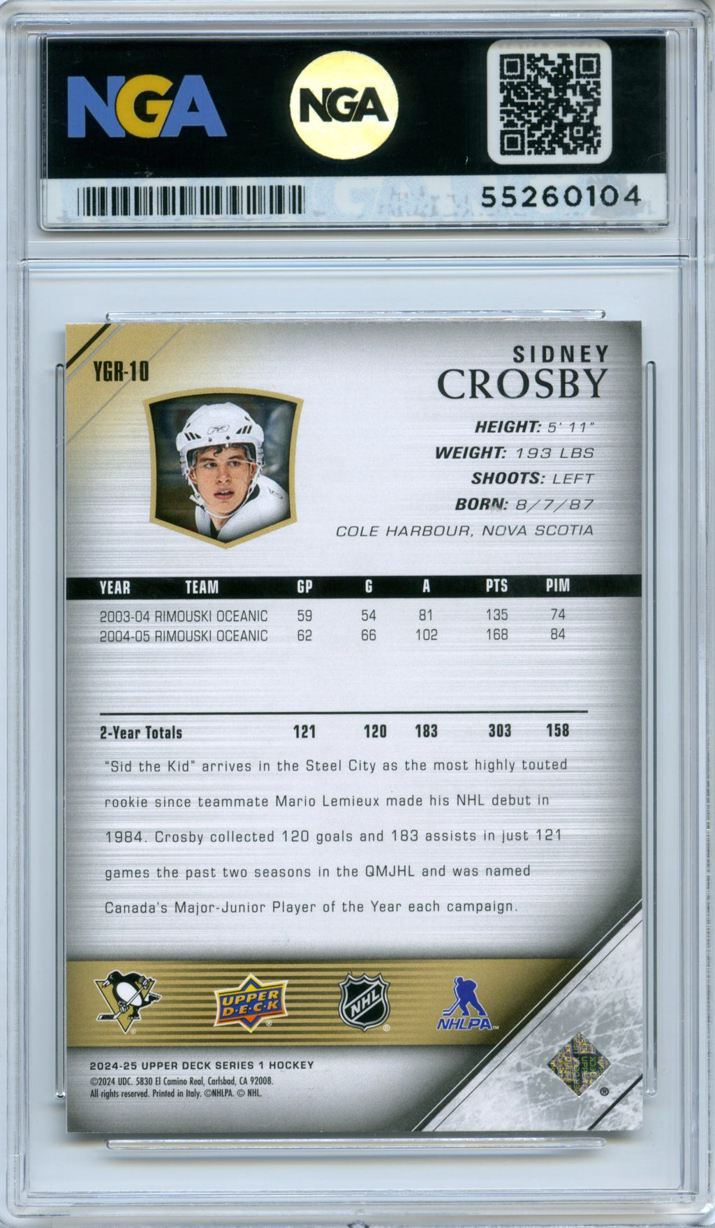 2024-25 Upper Deck #YGR-10 Sidney Crosby Young Guns Renewed (Series One) NGA 10