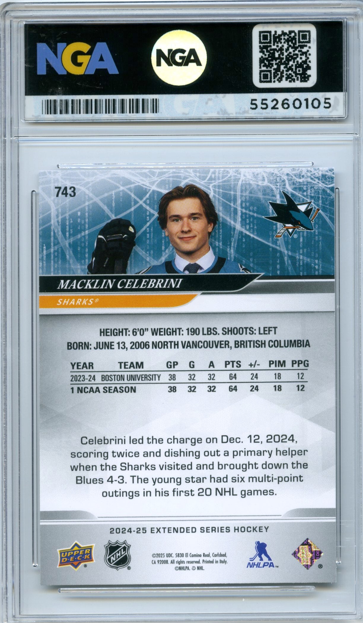 2024-25 Upper Deck #743 Macklin Celebrini NGA 10