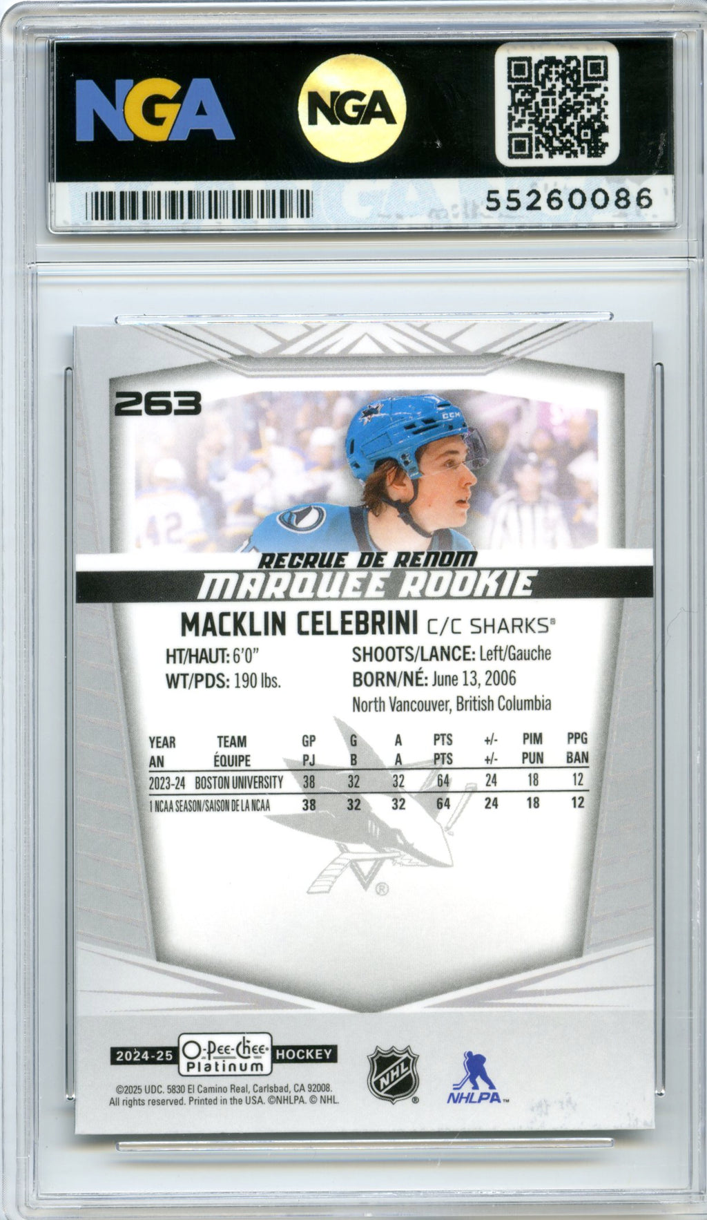 2024-25 O-Pee-Chee Platinum #263 Macklin Celebrini NGA 10