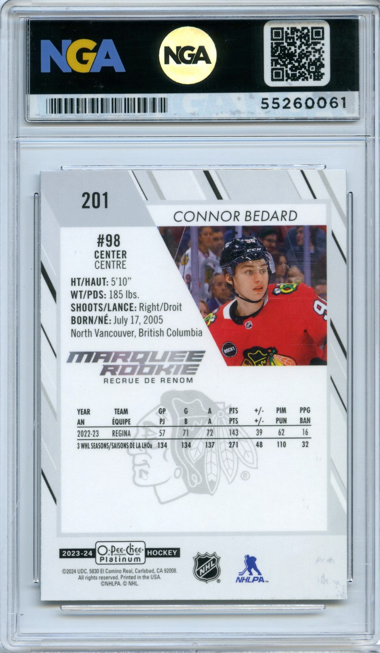 2023-24 O-Pee-Chee Platinum #201 Connor Bedard NGA 10
