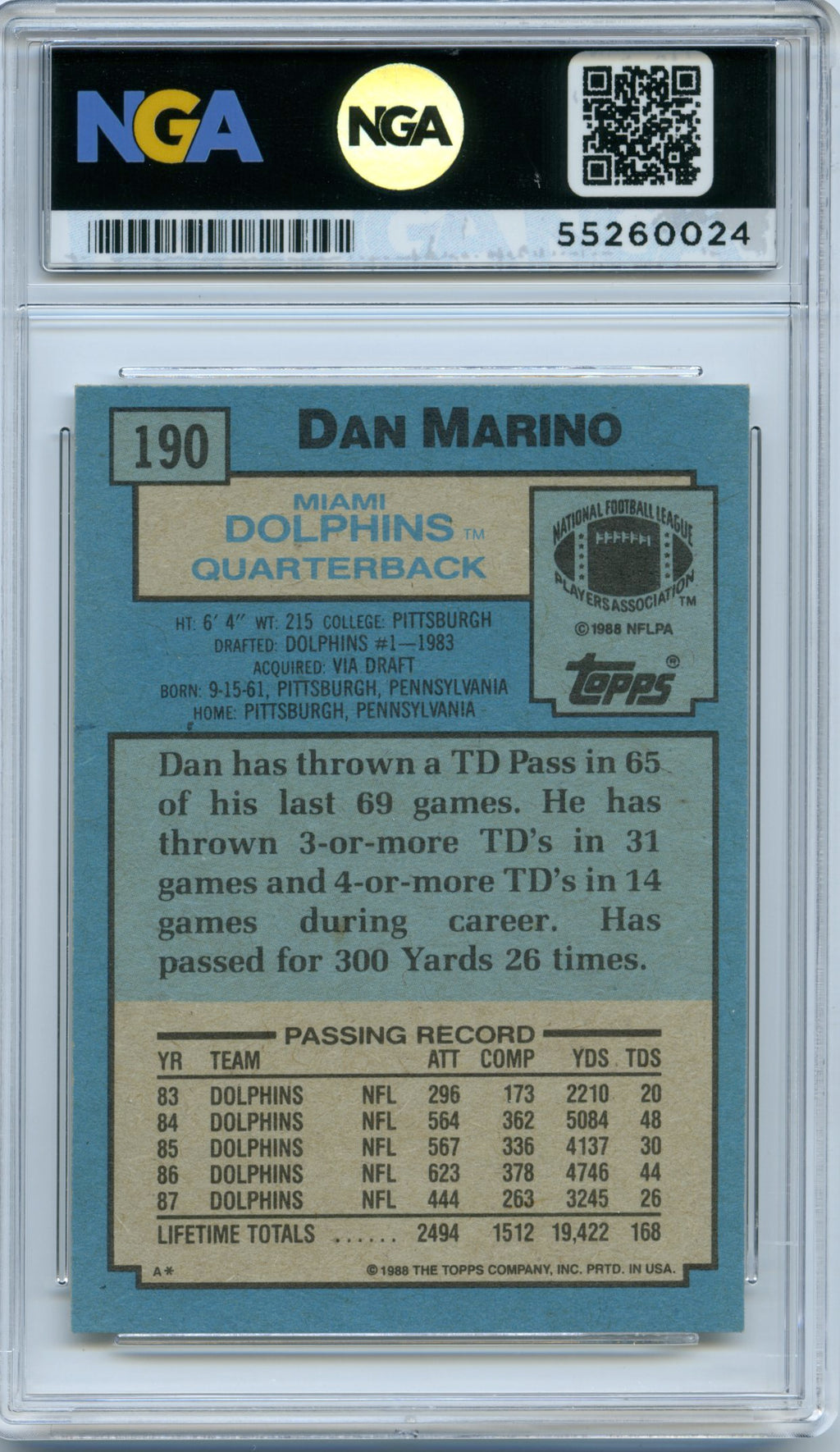 1988 Topps #190 Dan Marino NGA 10
