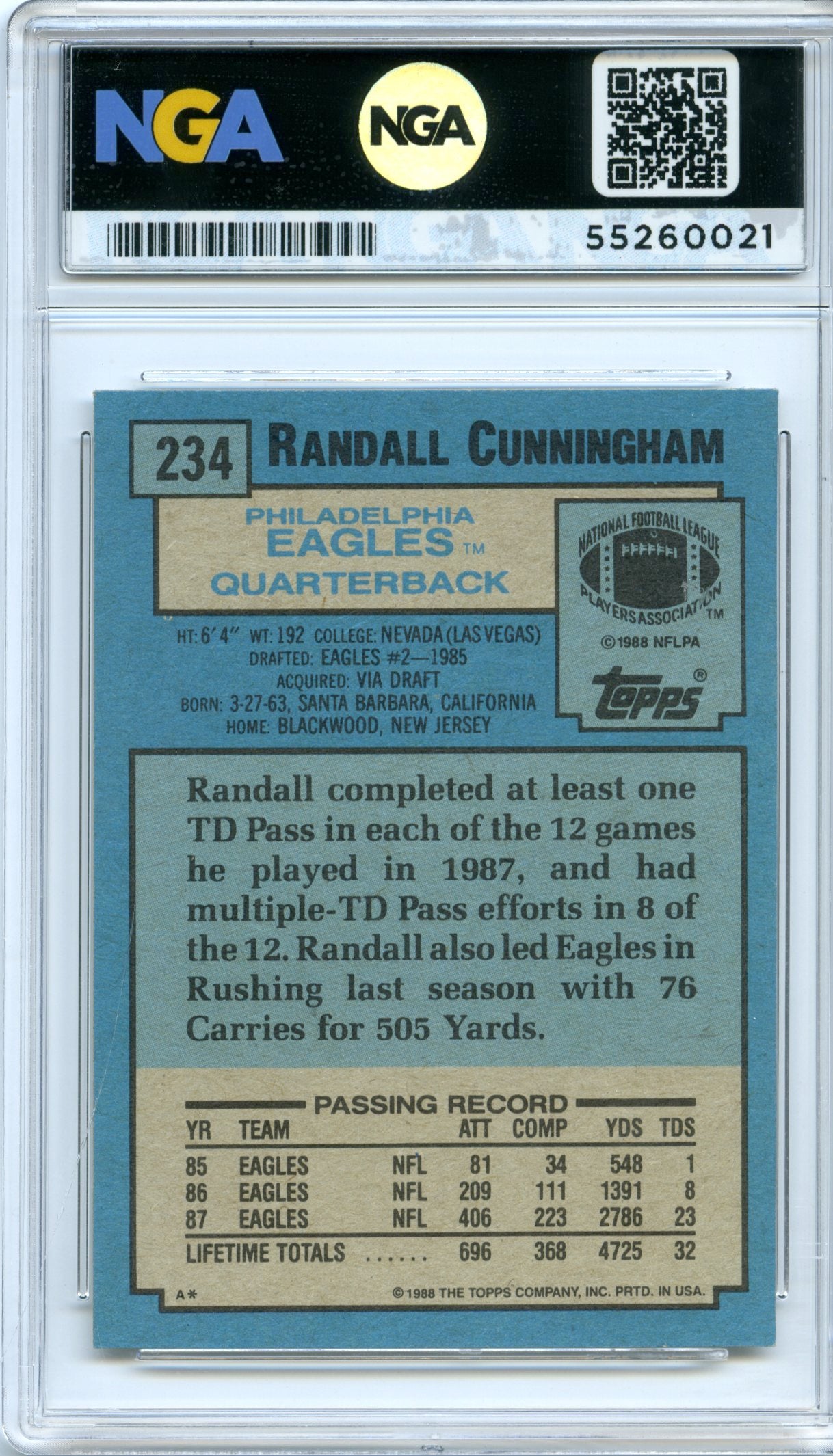 1988 Topps #234 Randall Cunningham NGA 10