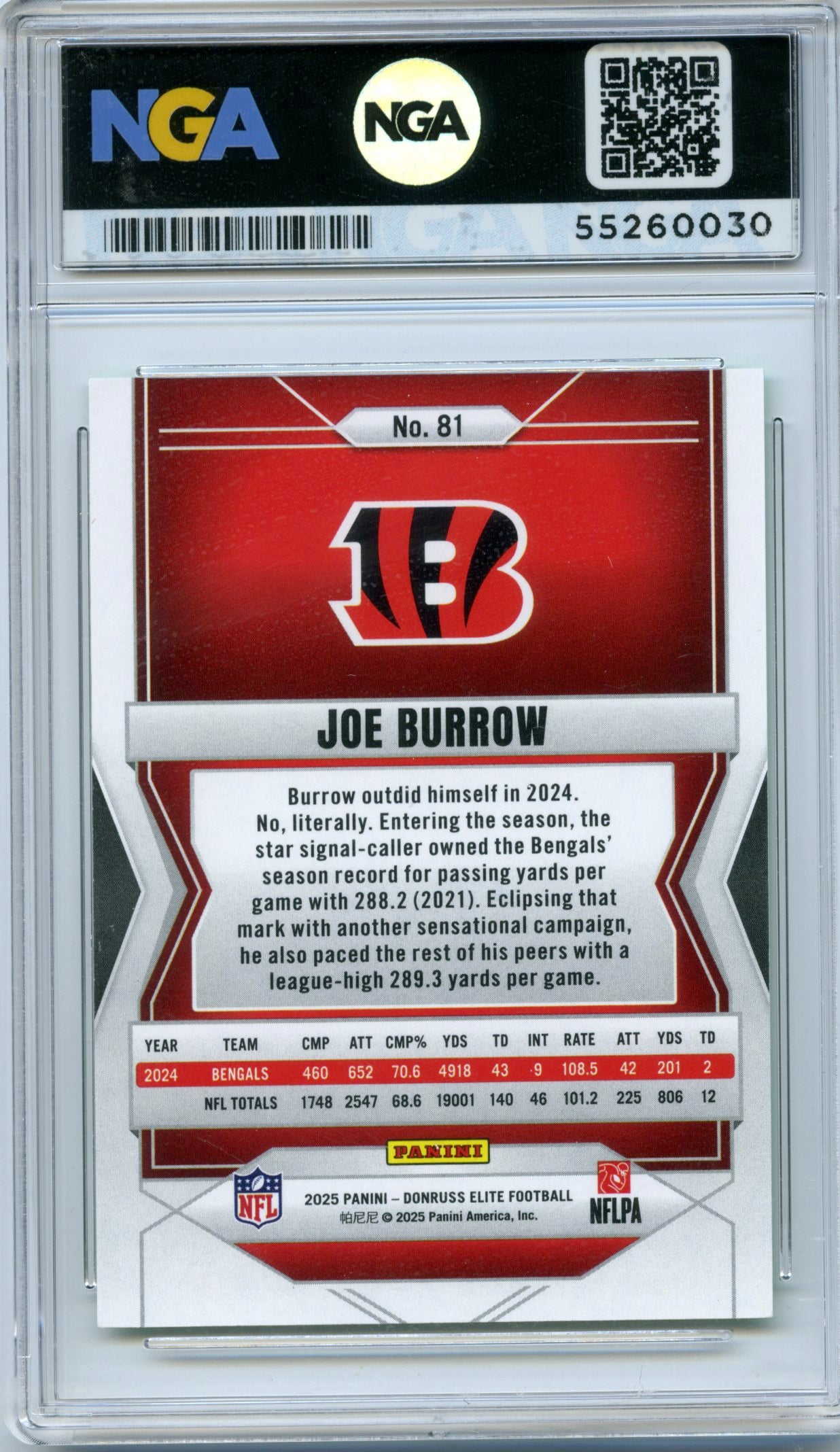 2025 Donruss Elite #81 Joe Burrow NGA 10