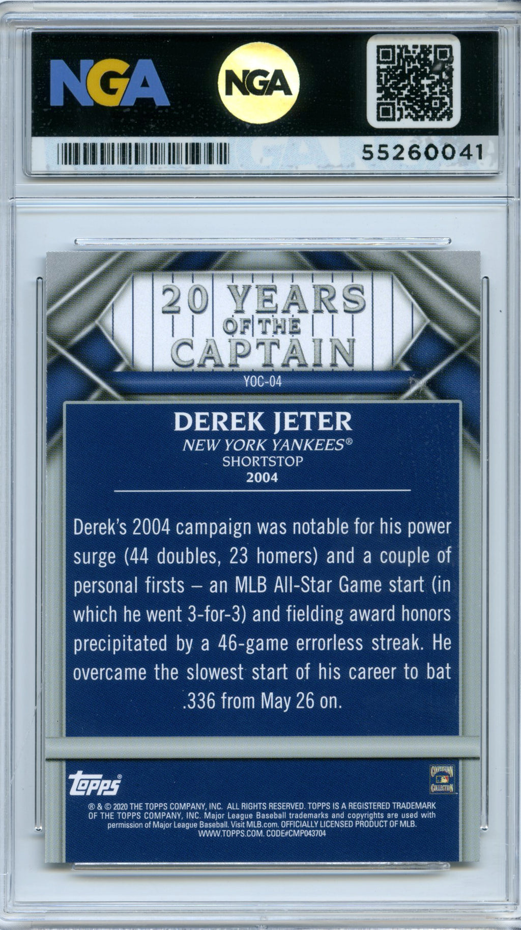 2020 Topps Update #YOC-04 Derek Jeter 20 Years of The Captain NGA 10