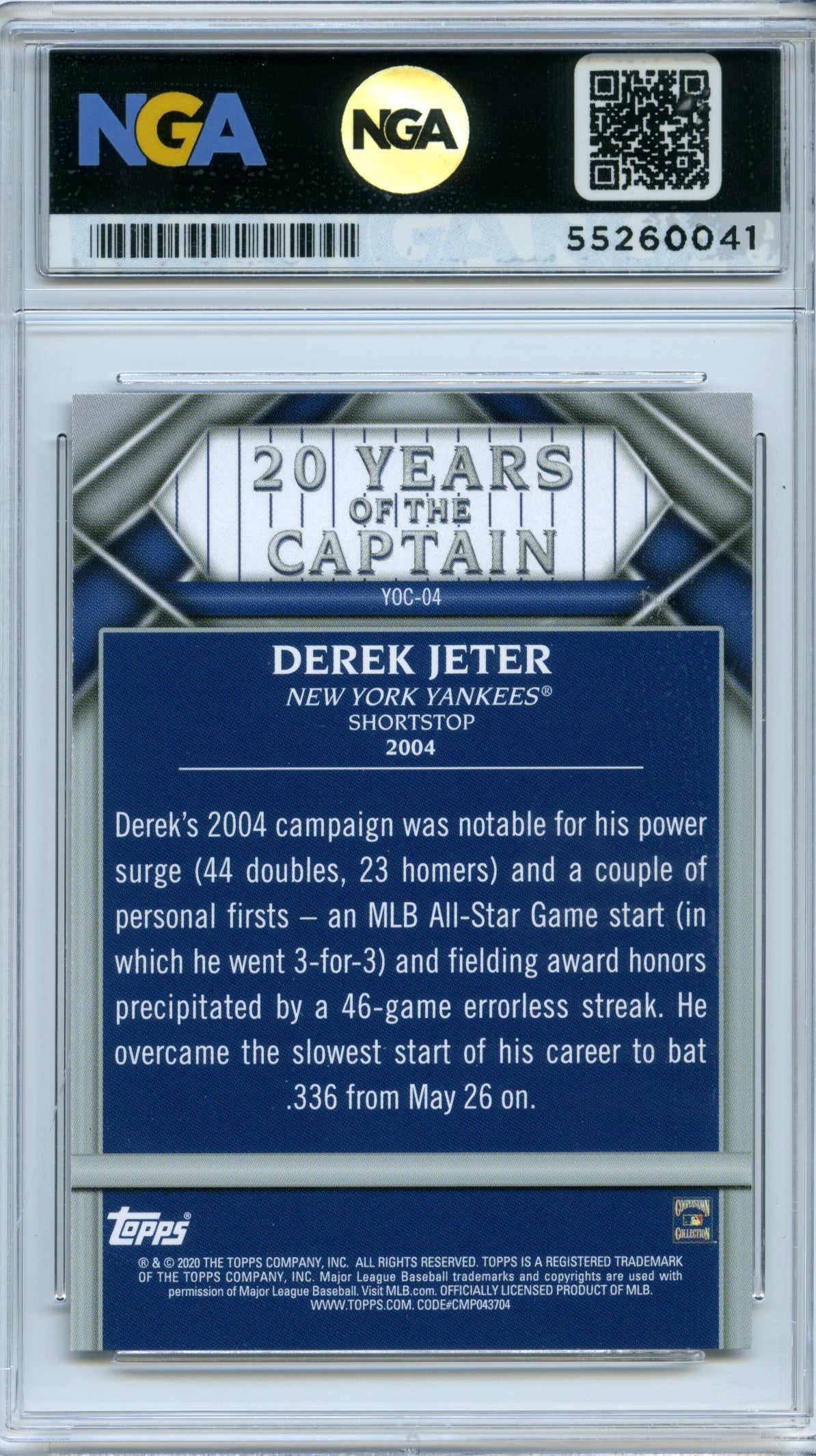 2020 Topps Update #YOC-04 Derek Jeter 20 Years of The Captain NGA 10