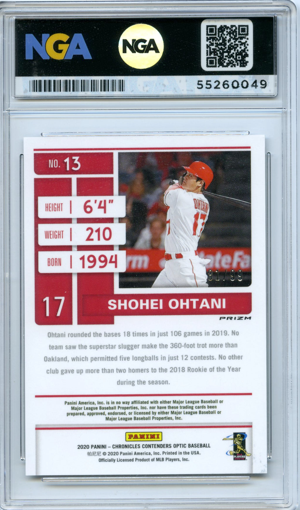 2020 Panini Chronicles #13 Shohei Ohtani Contenders Optic Holo NGA 10