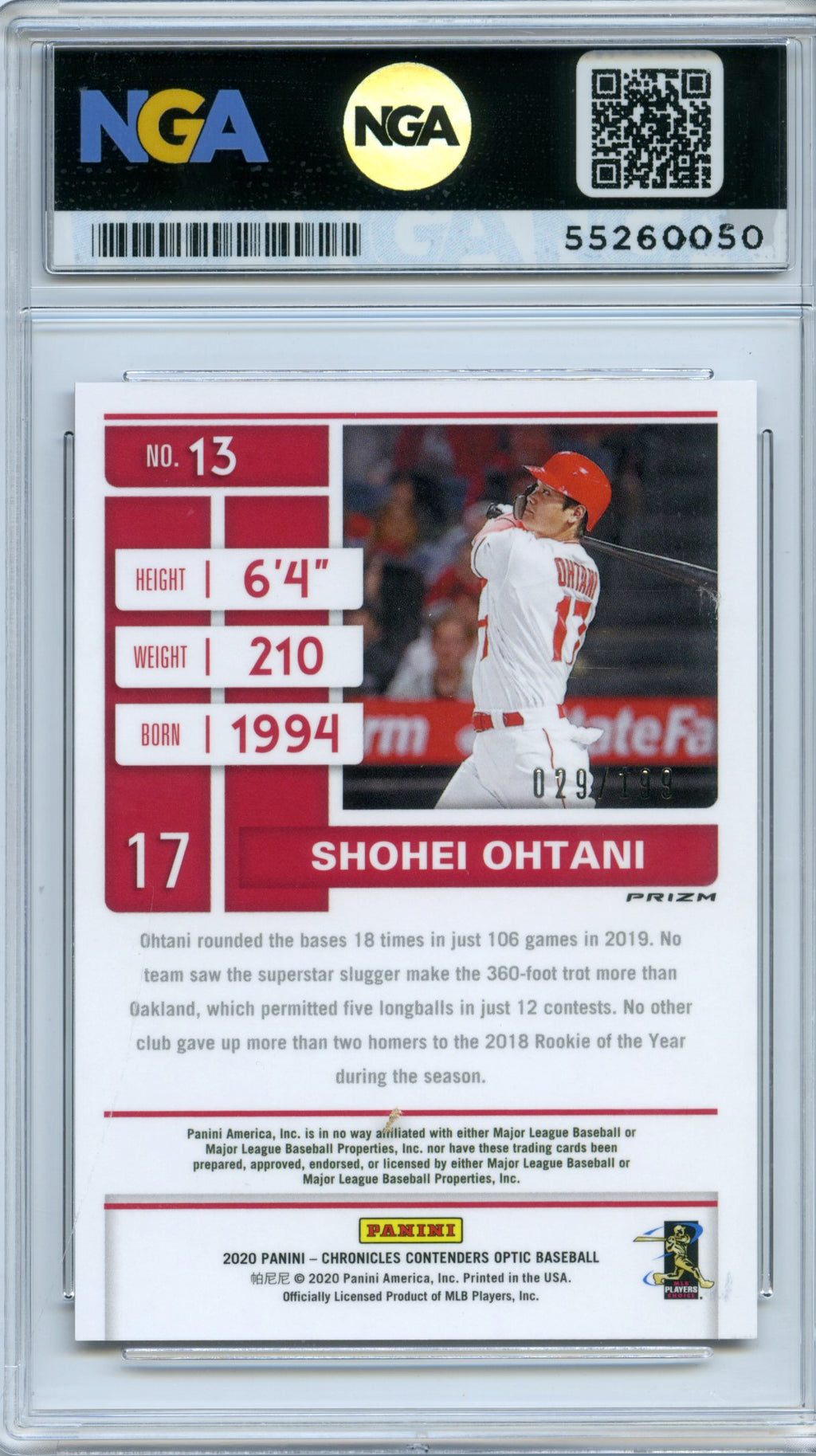 2020 Panini Chronicles #13 Shohei Ohtani Contenders Optic Hyper NGA 10