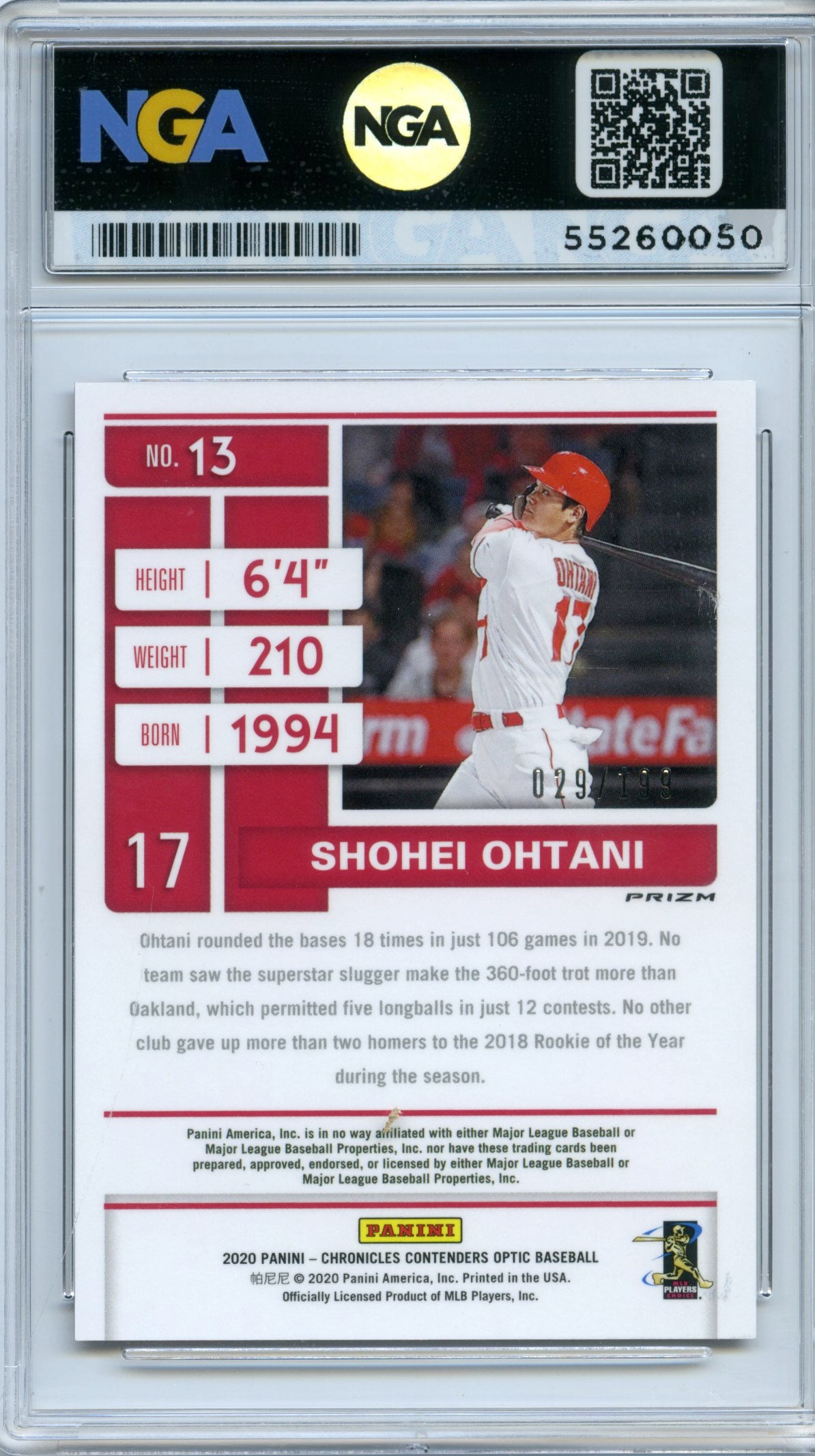 2020 Panini Chronicles #13 Shohei Ohtani Contenders Optic Hyper NGA 10
