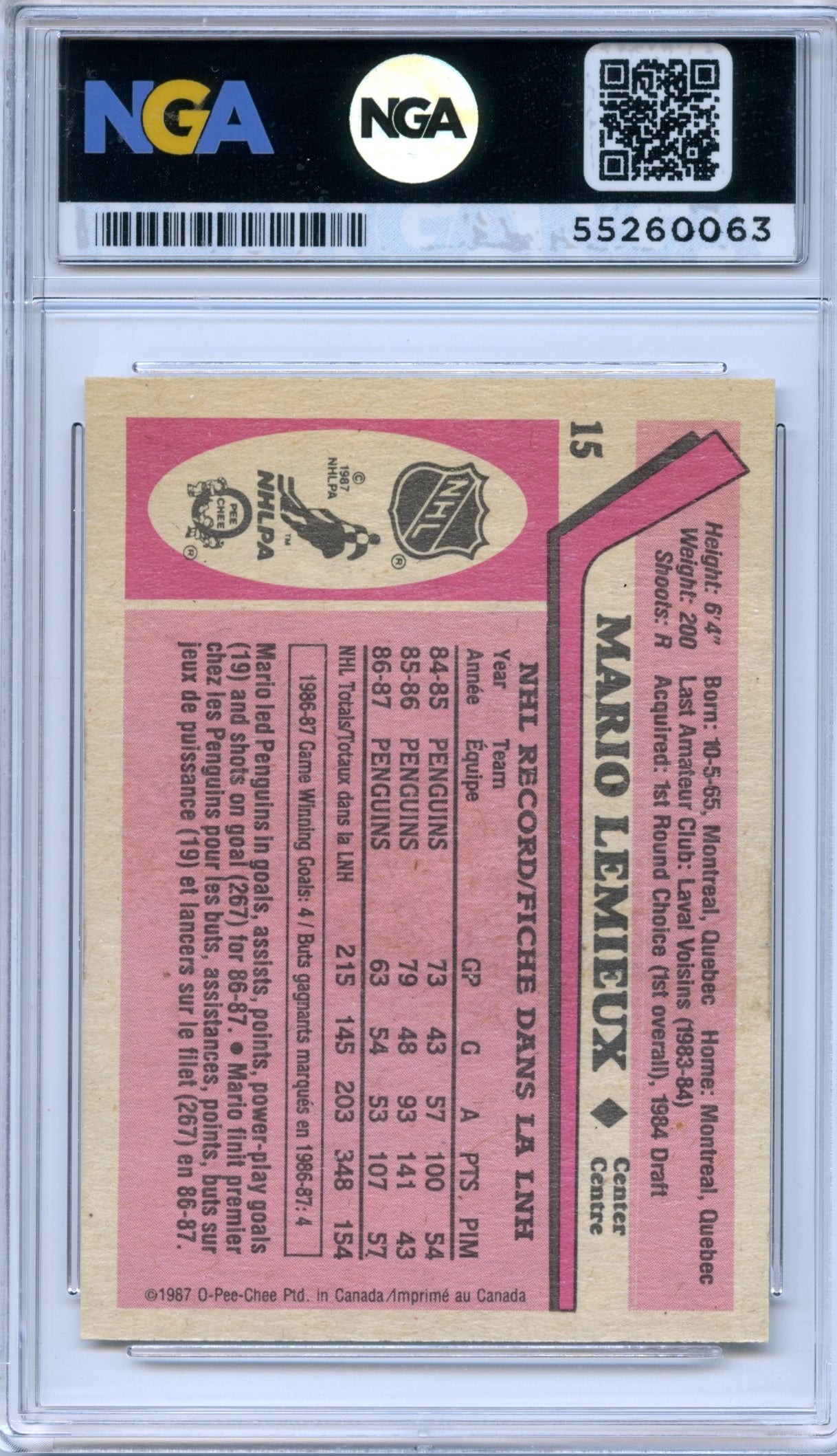 1987-88 O-Pee-Chee #15 Mario Lemieux NGA 10