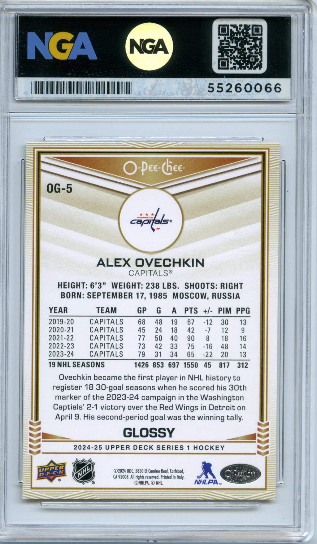 2024-25 Upper Deck #OG-5 Alex Ovechkin O-Pee-Chee Glossy NGA 10