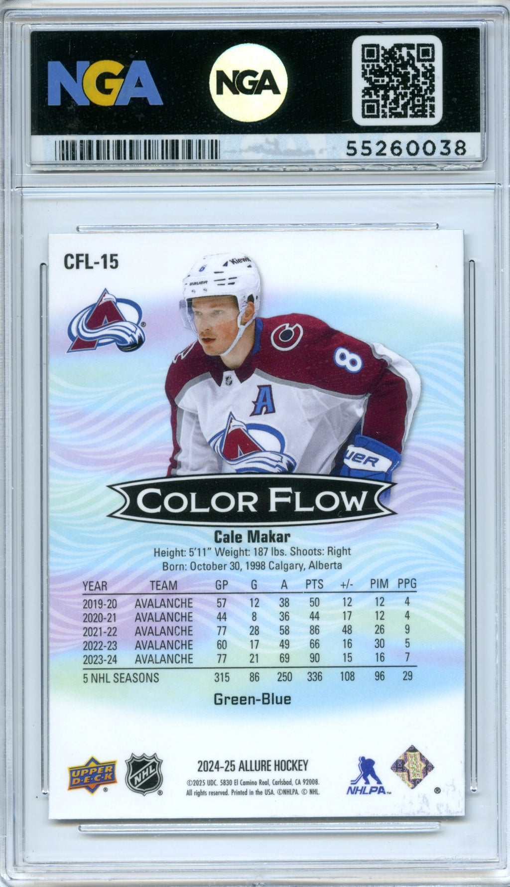 2024-25 Upper Deck Allure #CFL-15 Cale Makar Color Flow Green-Blue NGA 10