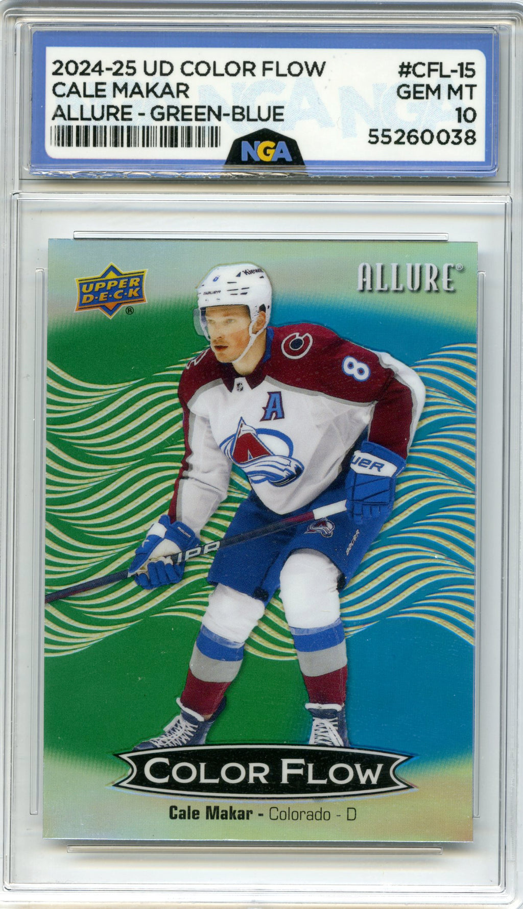 2024-25 Upper Deck Allure #CFL-15 Cale Makar Color Flow Green-Blue NGA 10