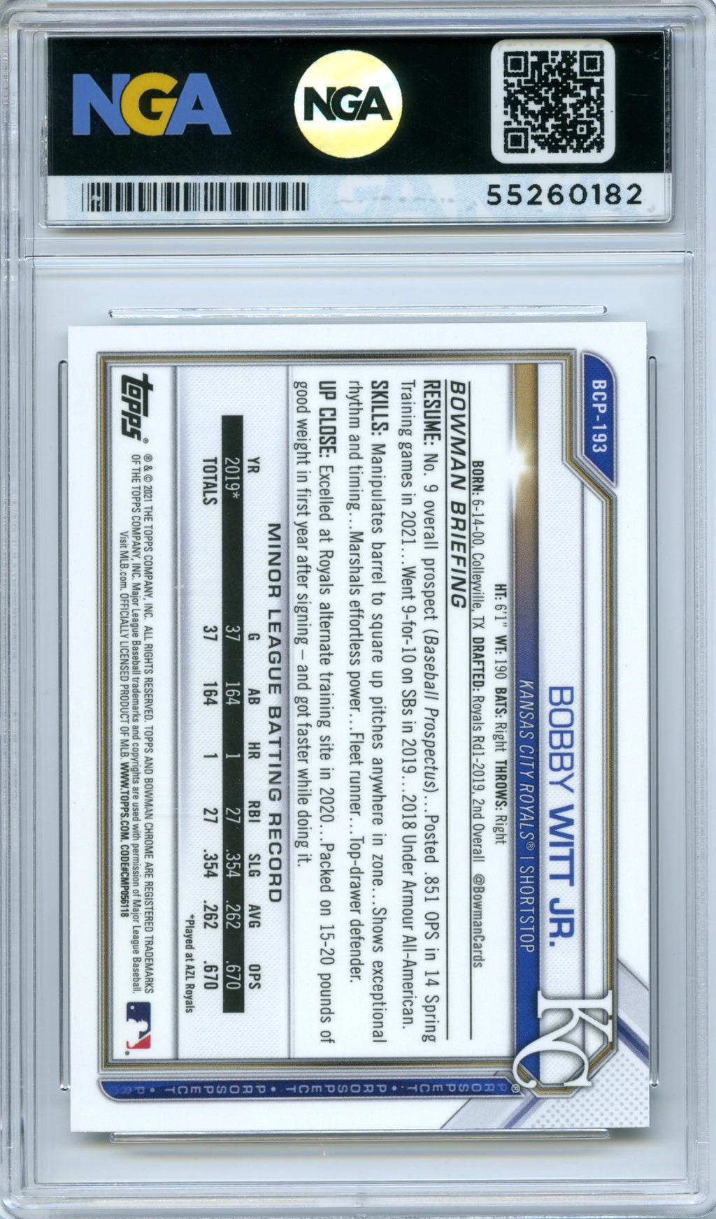2021 Bowman Chrome #BCP-193 Bobby Witt Jr. Prospects Green Refractor NGA 10 #/99