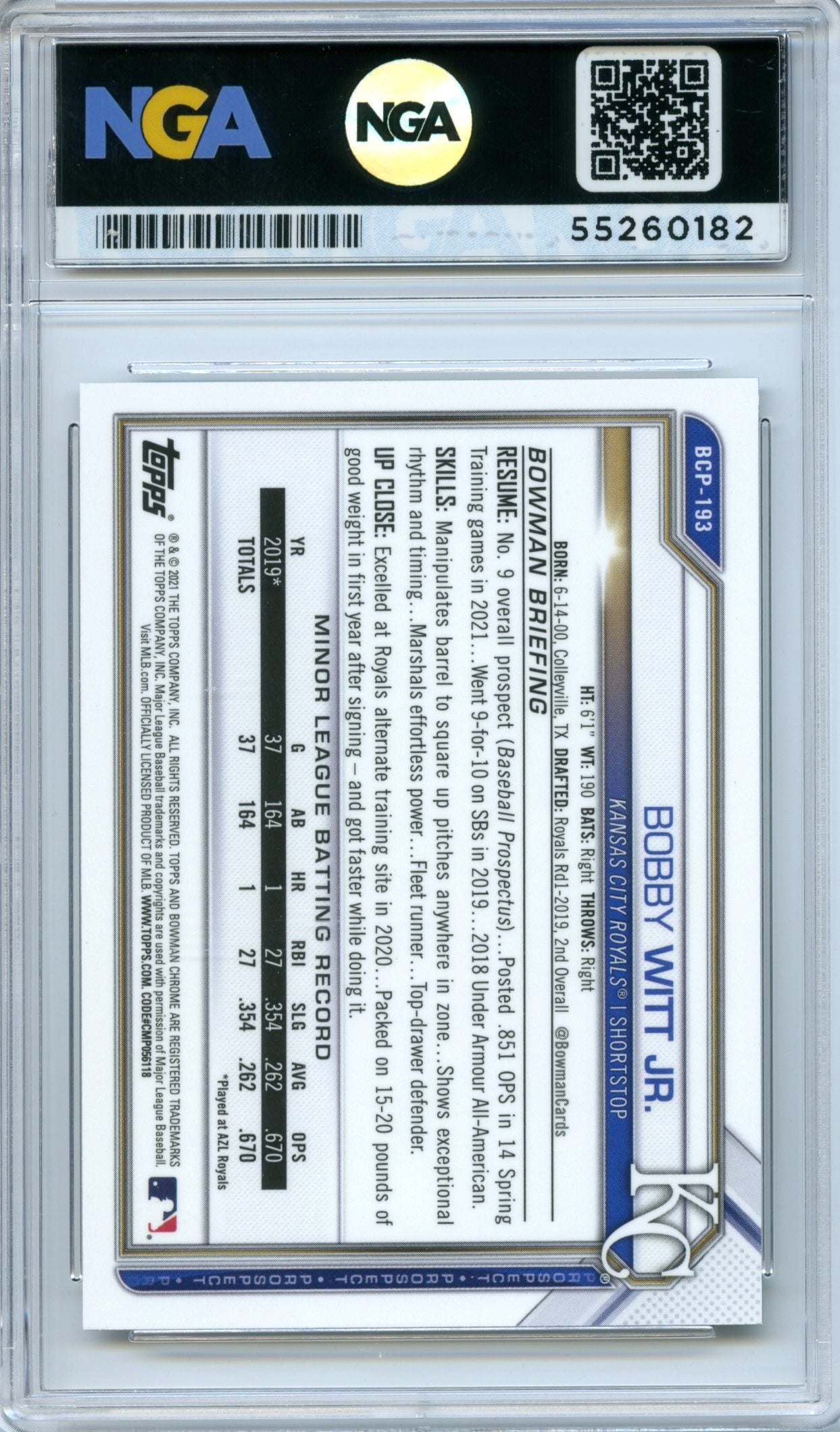2021 Bowman Chrome #BCP-193 Bobby Witt Jr. Prospects Green Refractor NGA 10 #/99