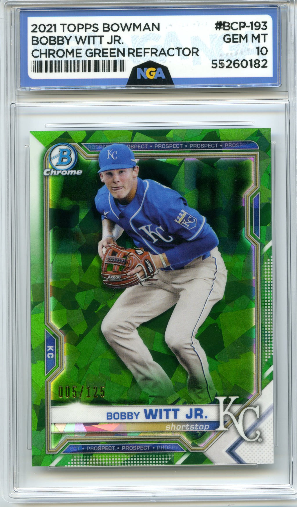 2021 Bowman Chrome #BCP-193 Bobby Witt Jr. Prospects Green Refractor NGA 10 #/99