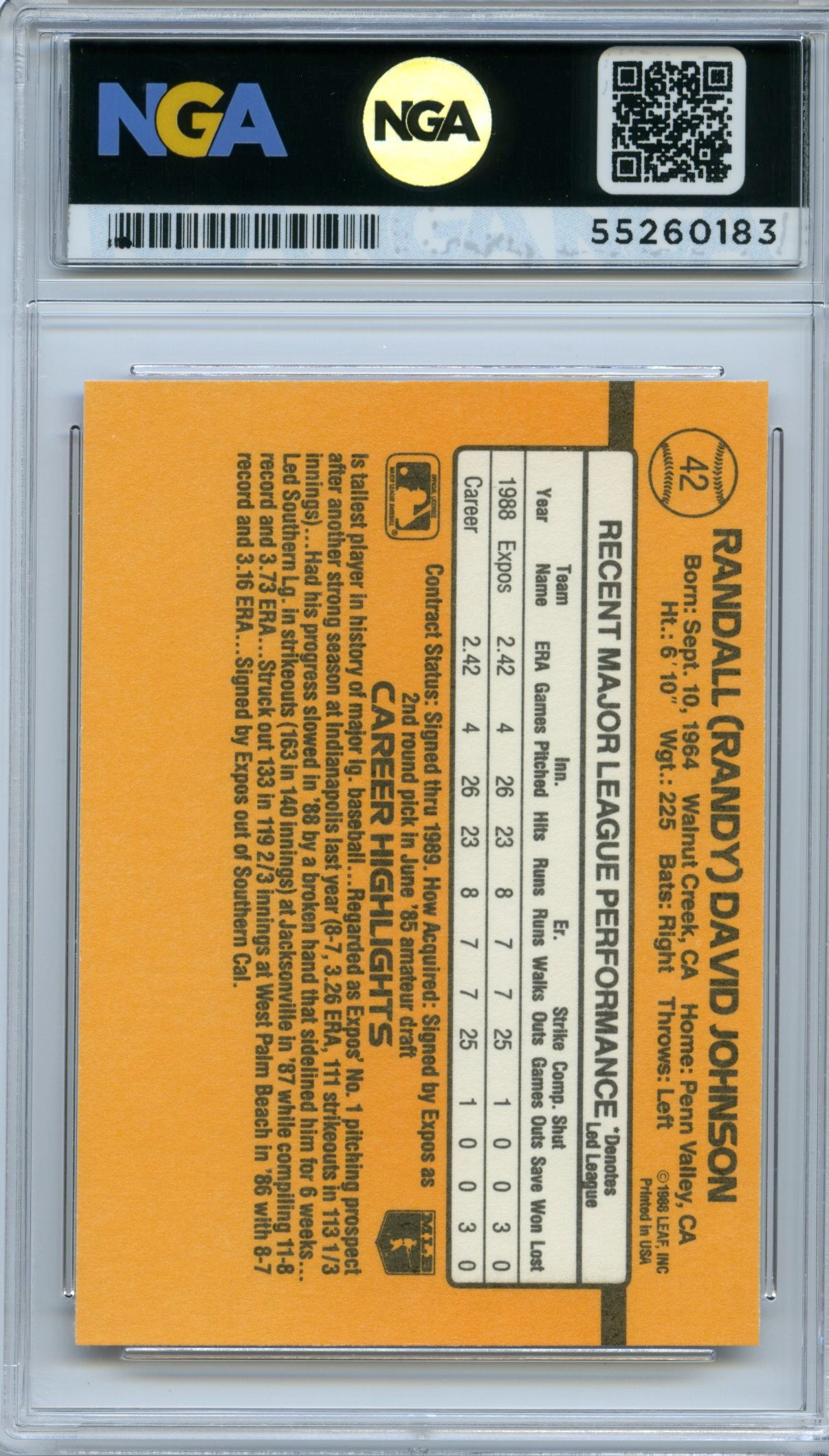 1989 Donruss #42 Randy Johnson NGA 10