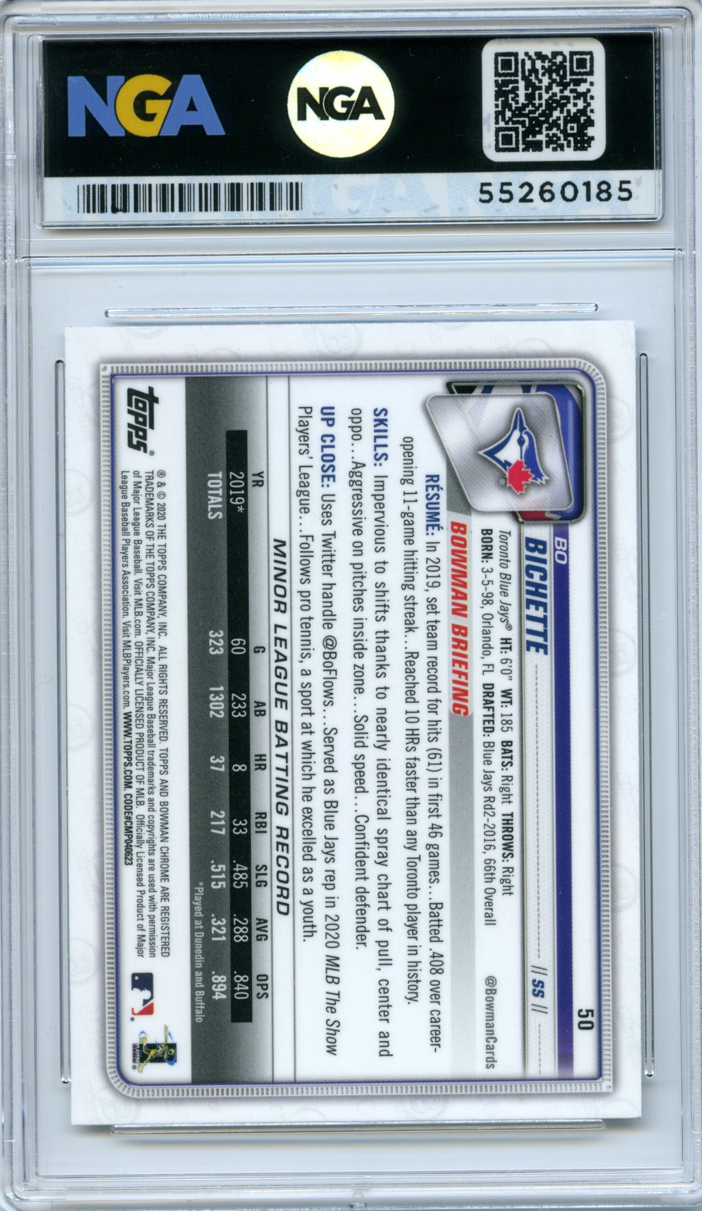 2020 Bowman Chrome #50 Bo Bichette NGA 10