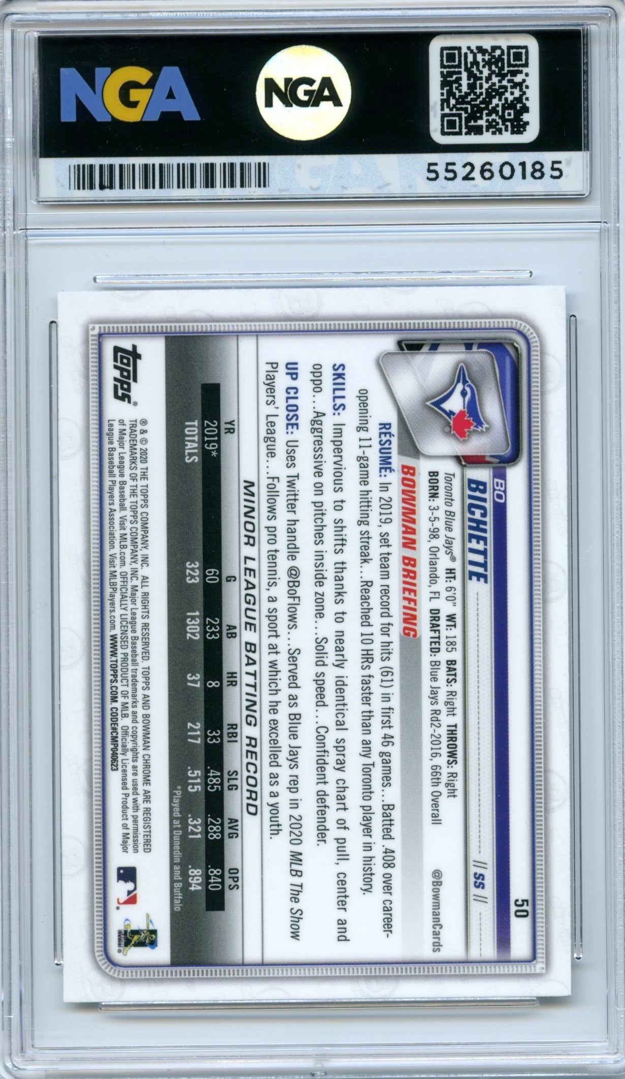 2020 Bowman Chrome #50 Bo Bichette NGA 10