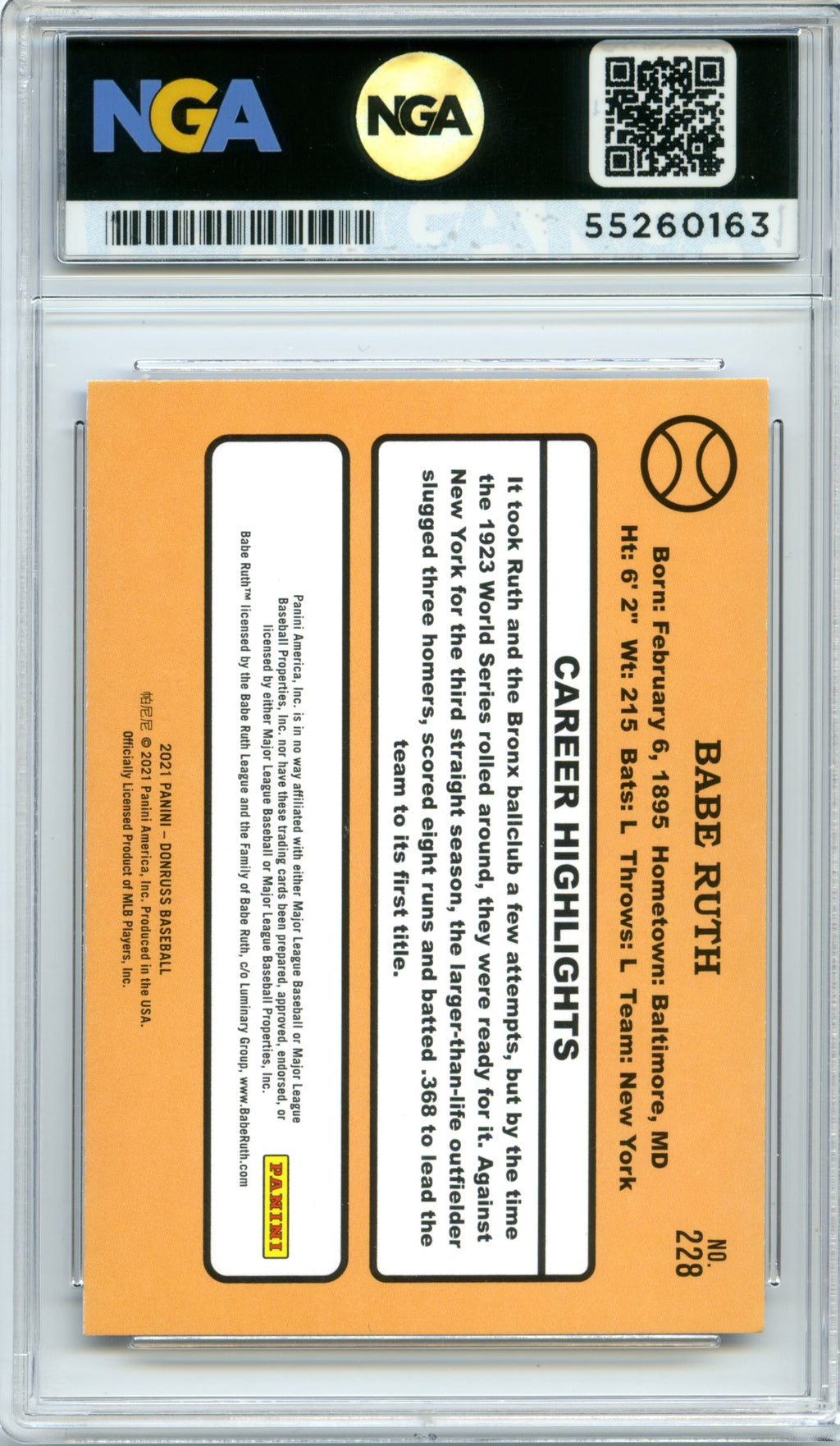 2021 Donruss #228 Babe Ruth Holo Pink NGA 10