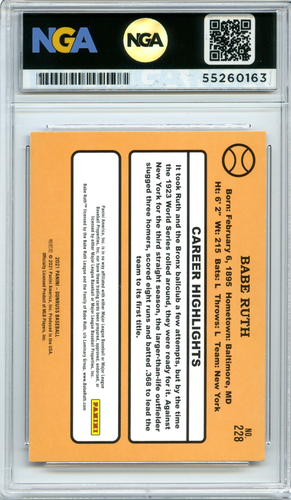 2021 Donruss #228 Babe Ruth Holo Pink NGA 10