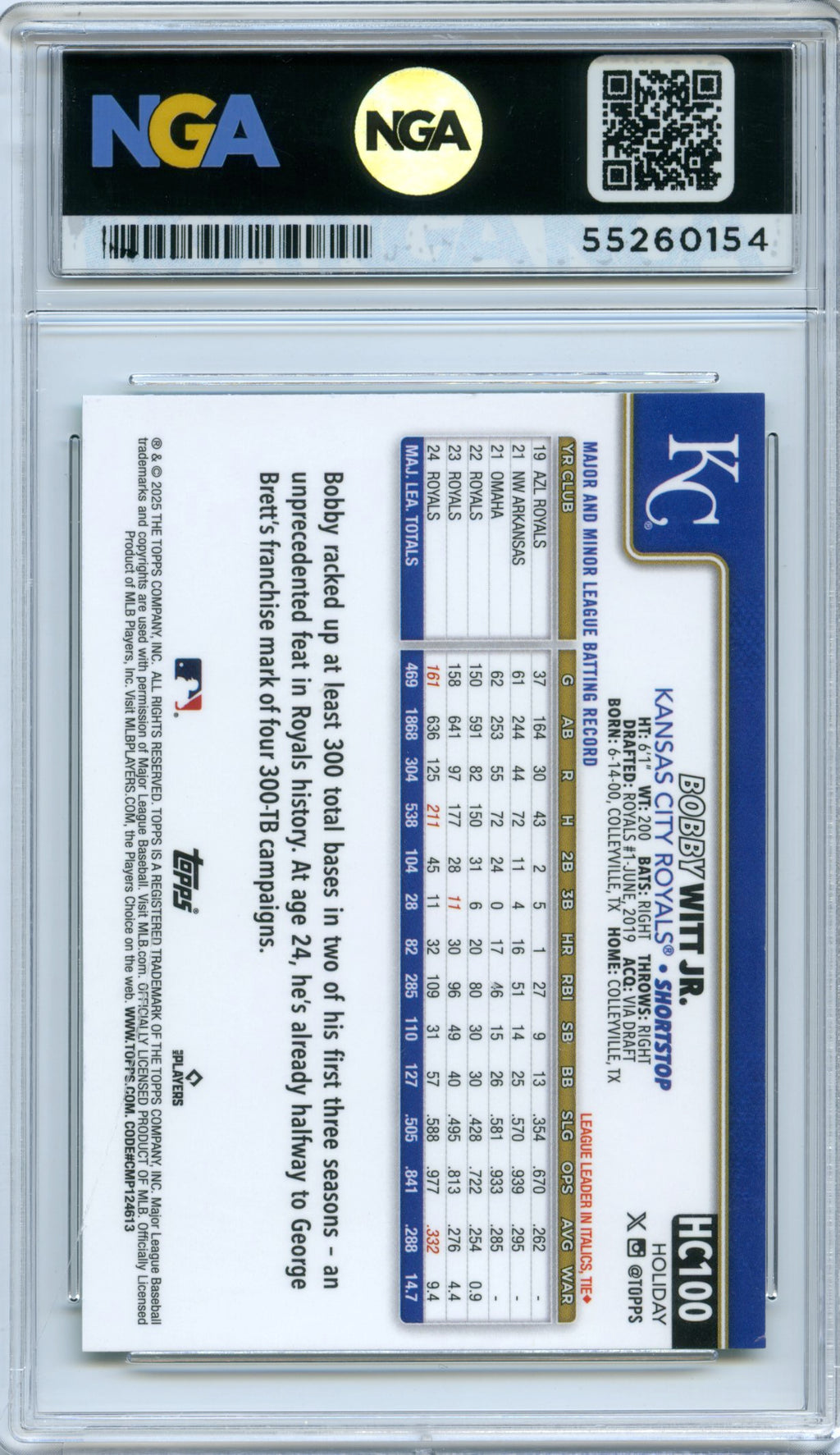 2025 Topps Holiday #HC100 Bobby Witt Jr. Chrome Green Refractors NGA 10 #/99