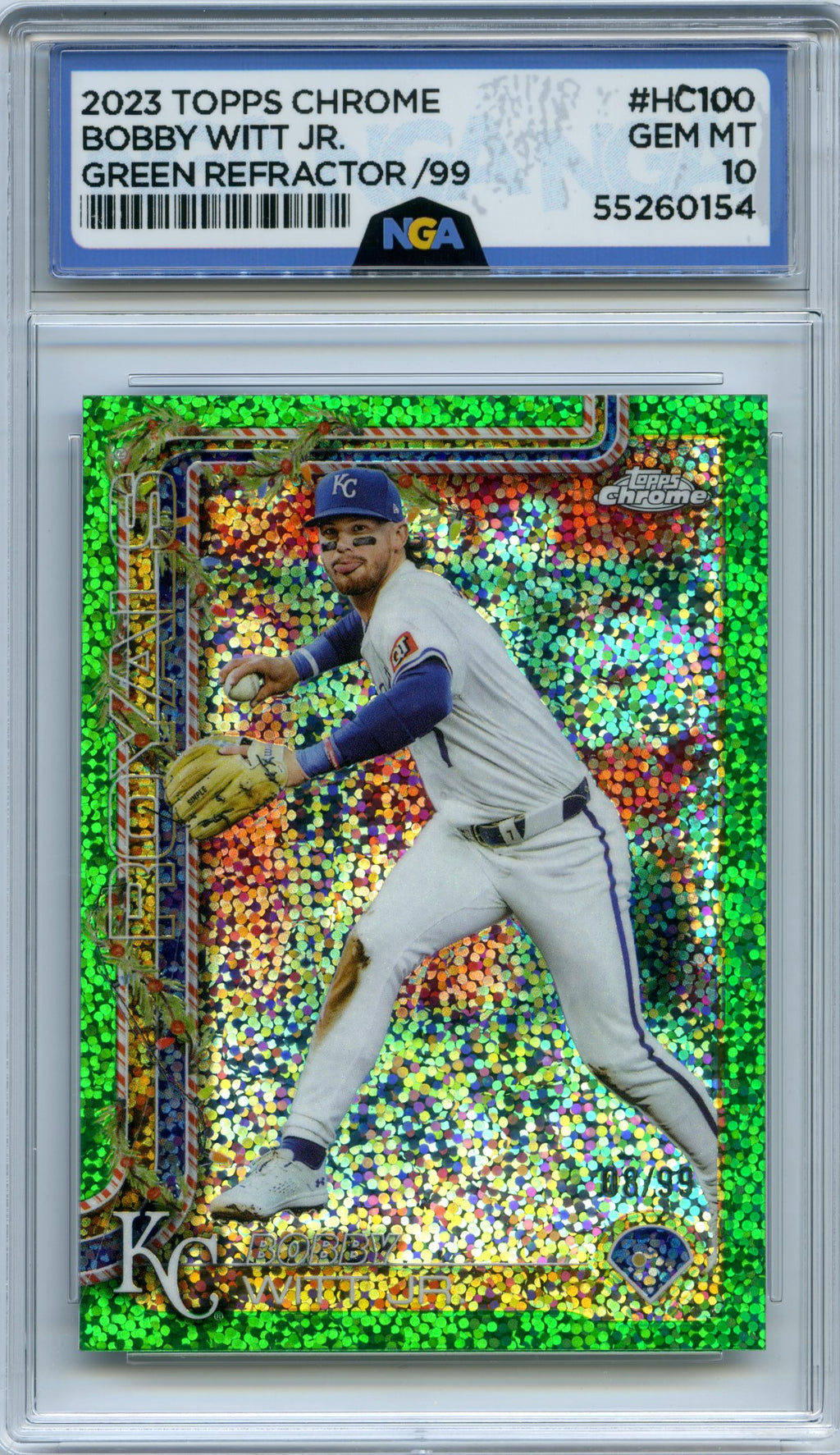 2025 Topps Holiday #HC100 Bobby Witt Jr. Chrome Green Refractors NGA 10 #/99