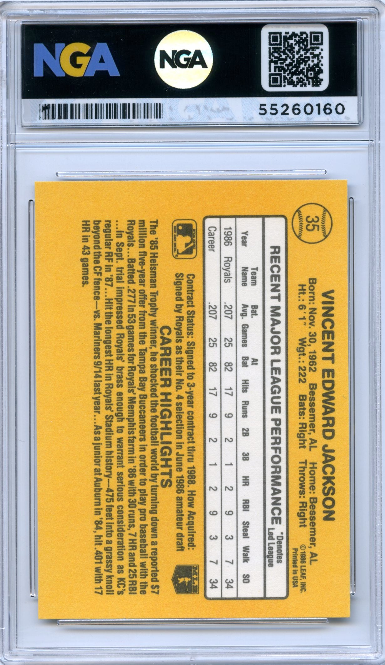 1987 Leaf #35 Bo Jackson NGA 10