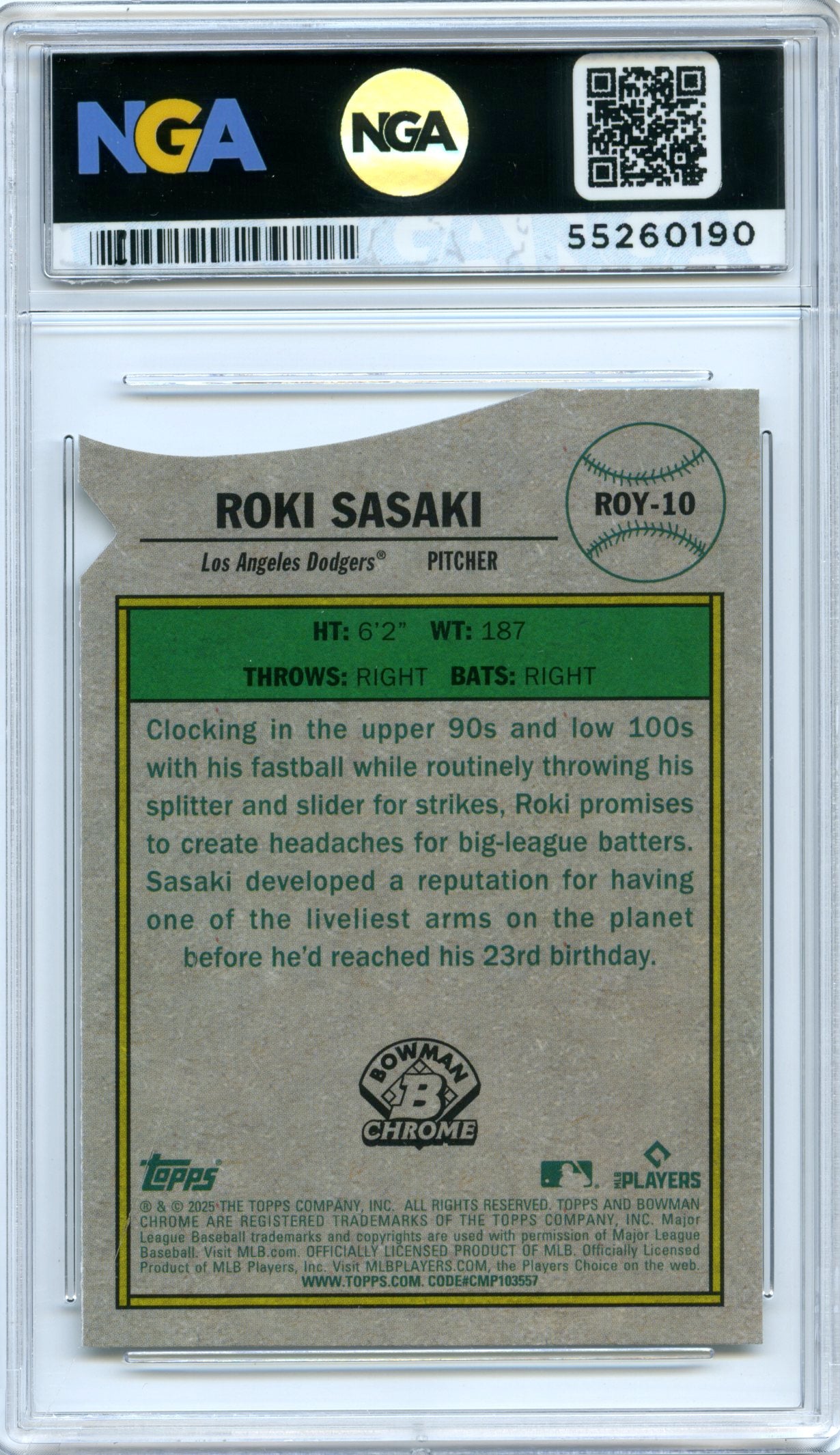 2025 Bowman #ROY-10 Roki Sasaki Rookie of the Year Mega Refractor NGA 10