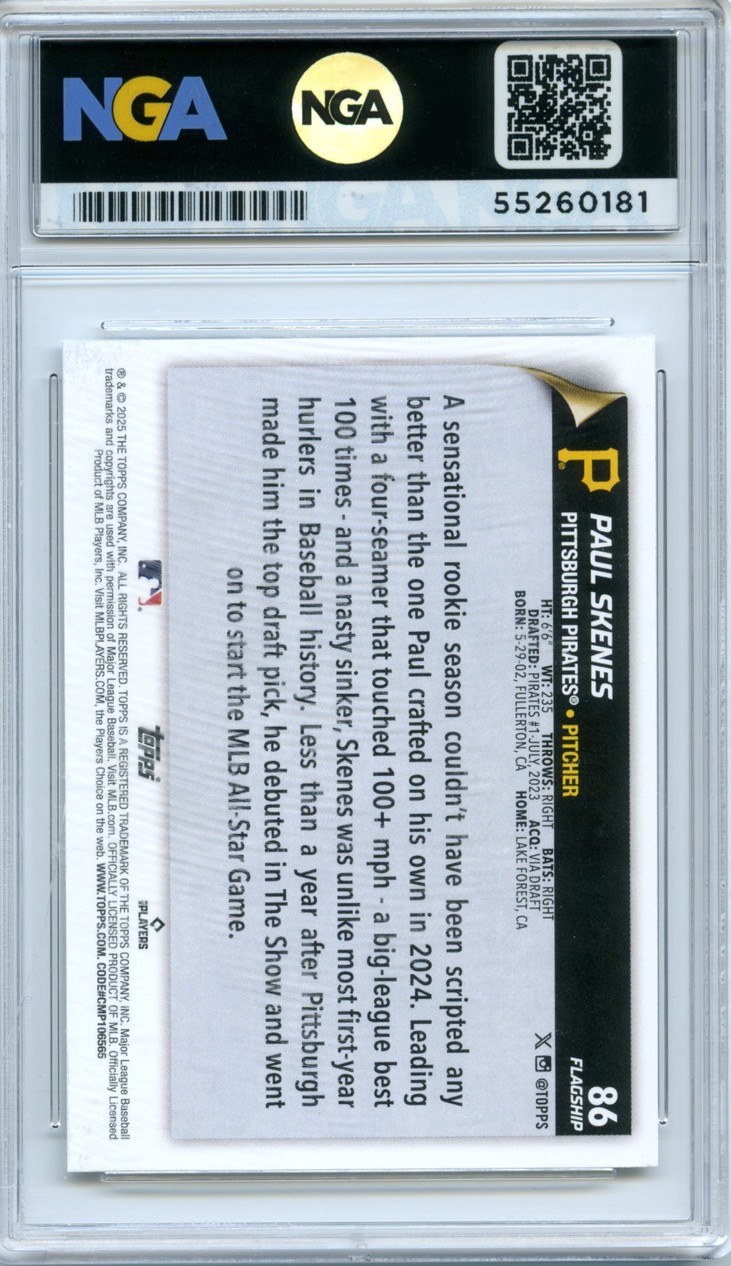 2025 Topps #86 Paul Skenes Flagship Collection (Series One) NGA 10