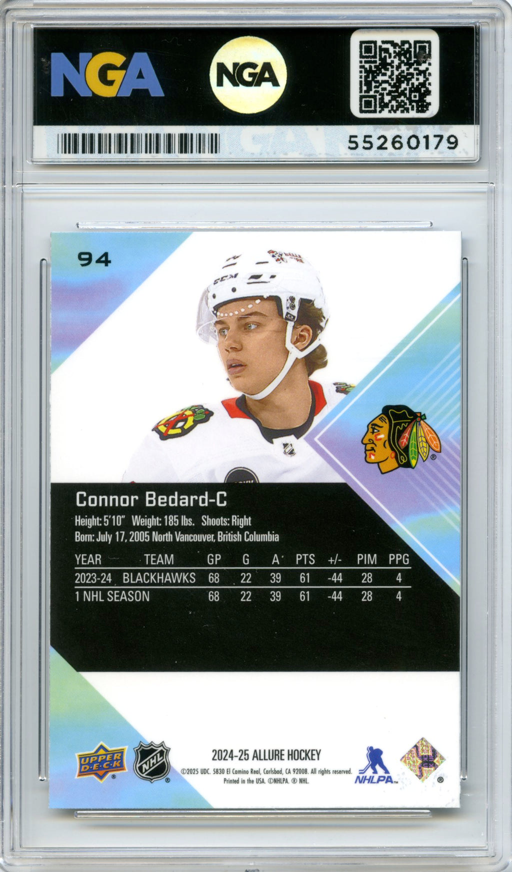 2024-25 Upper Deck Allure #94 Connor Bedard Green Rainbow NGA 10 #/99