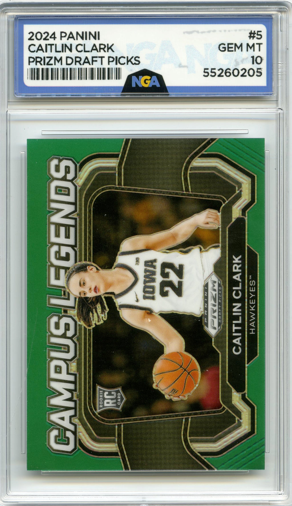 2024 Panini Prizm Draft Picks #5 Caitlin Clark Campus Legends Green NGA 10