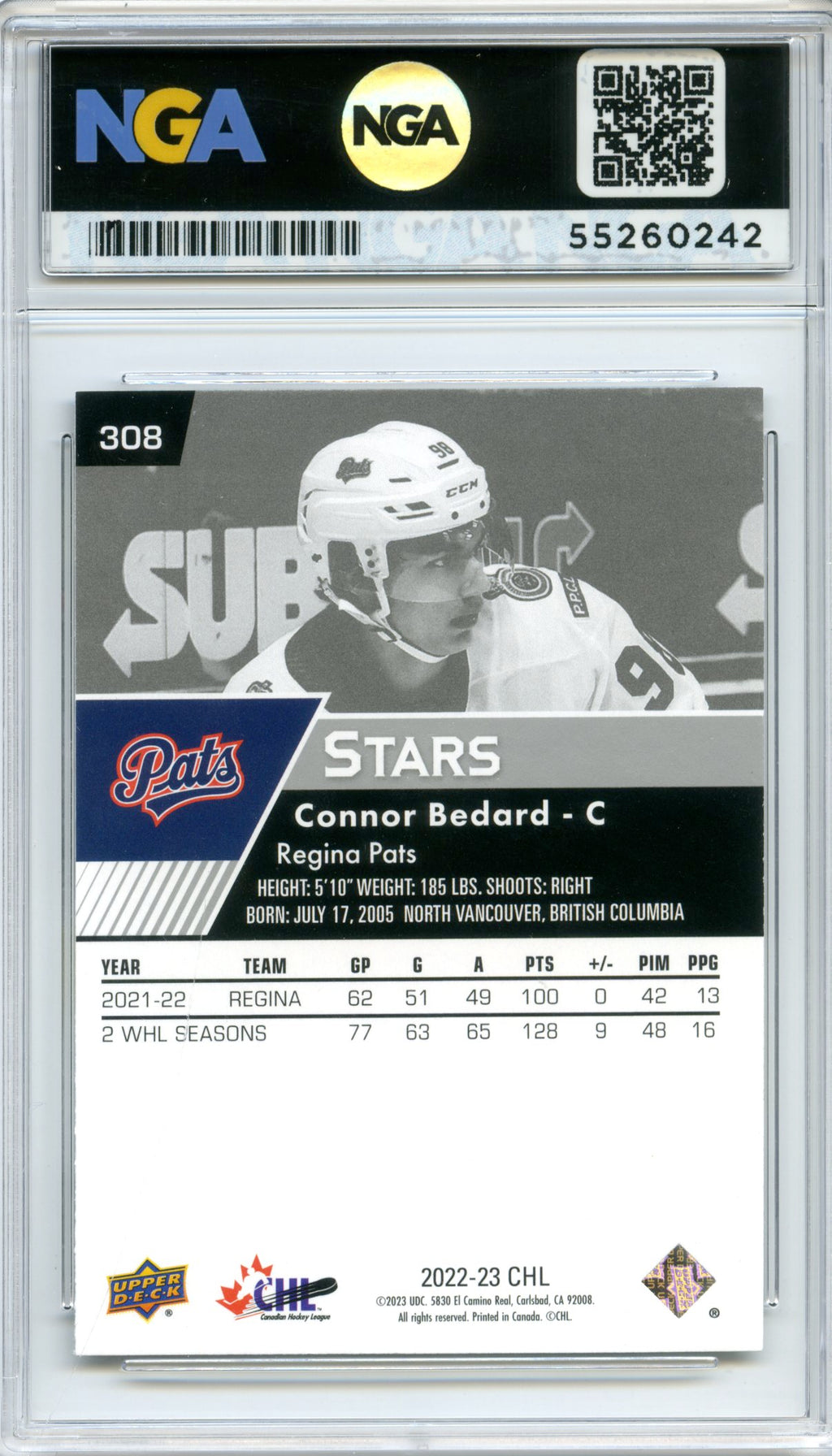 2022-23 Upper Deck CHL #308 Connor Bedard Blue NGA 10