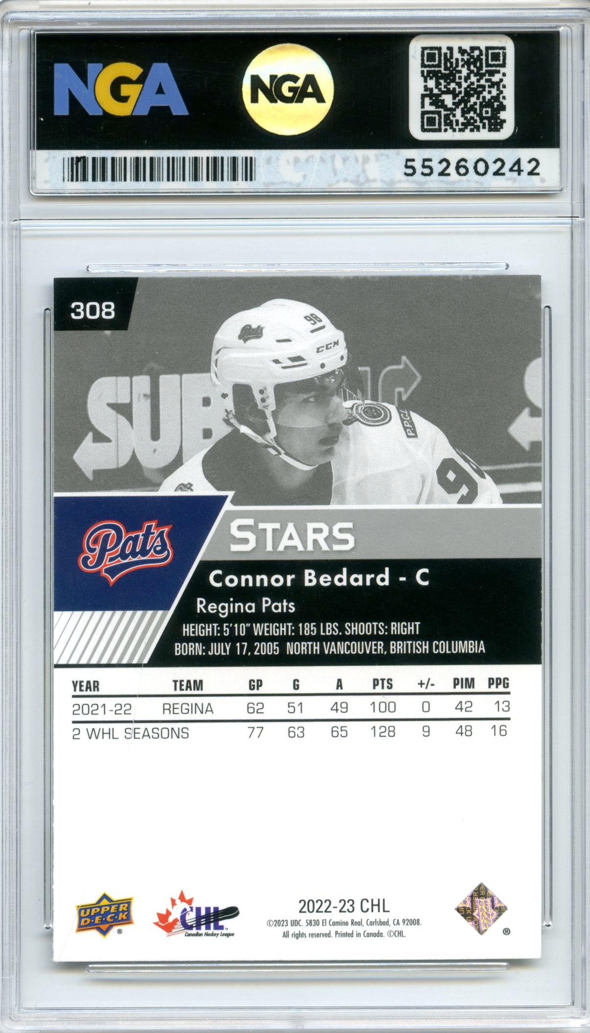 2022-23 Upper Deck CHL #308 Connor Bedard Blue NGA 10