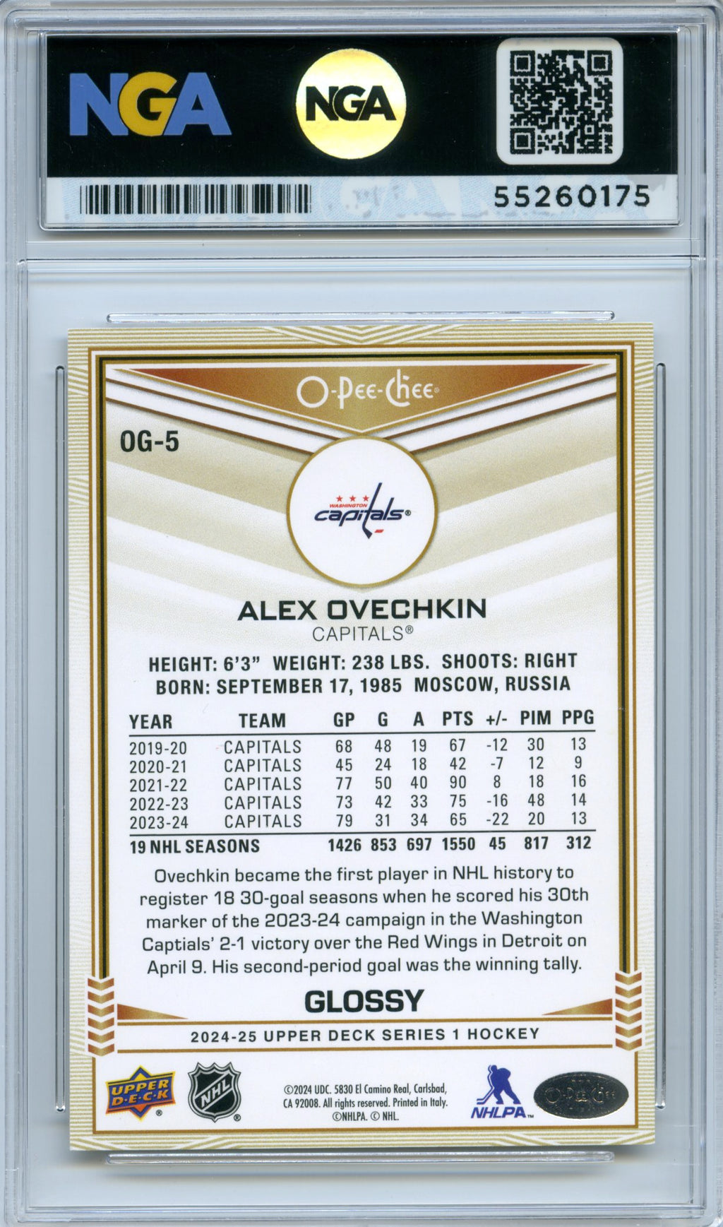 2024-25 Upper Deck #OG-5 Alex Ovechkin O-Pee-Chee Glossy NGA 10