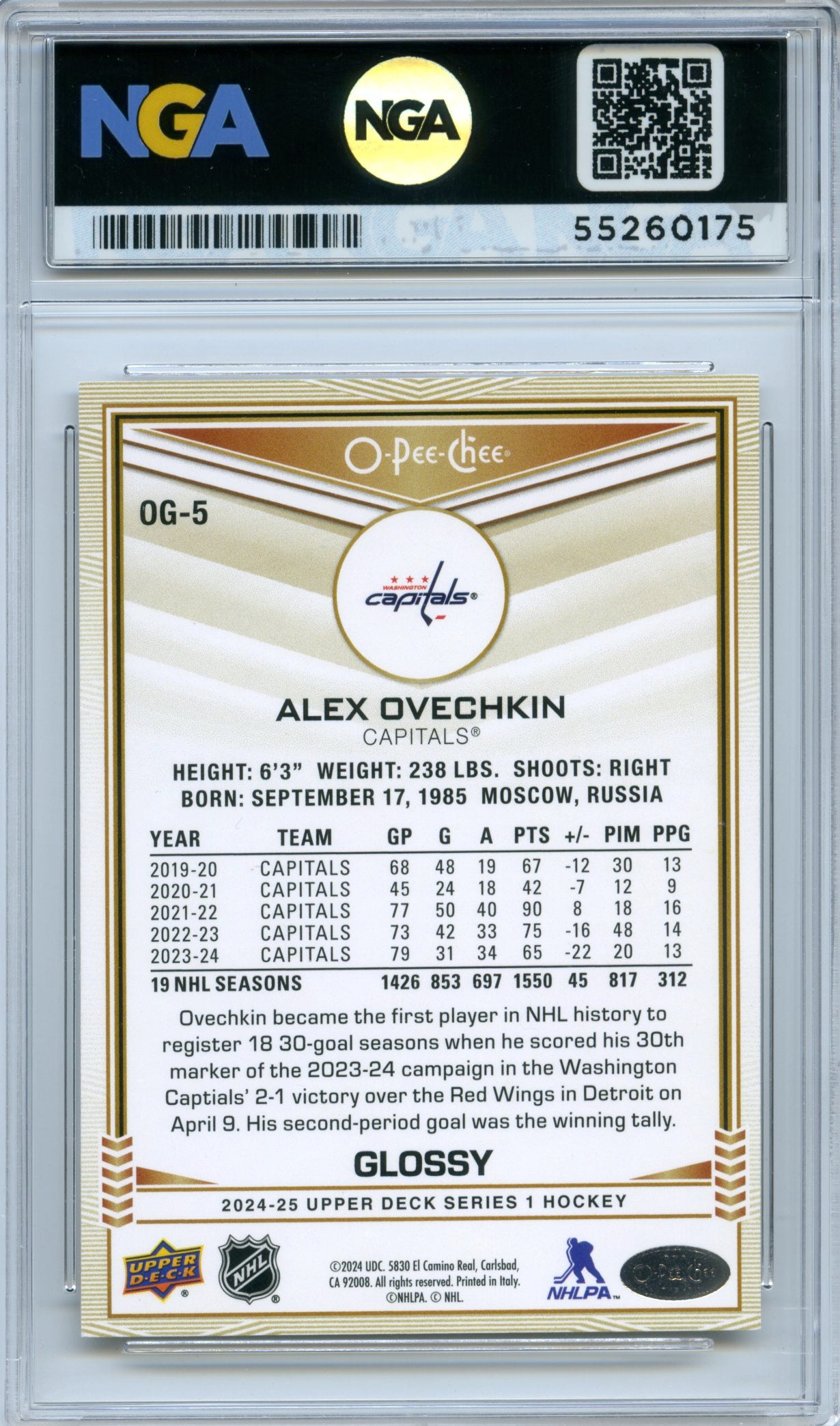 2024-25 Upper Deck #OG-5 Alex Ovechkin O-Pee-Chee Glossy NGA 10