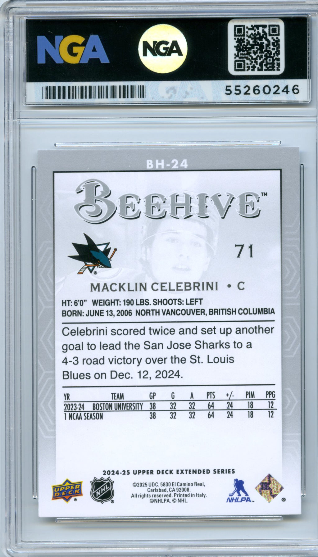 2024-25 Upper Deck #BH-24 Macklin Celebrini Beehive NGA 10